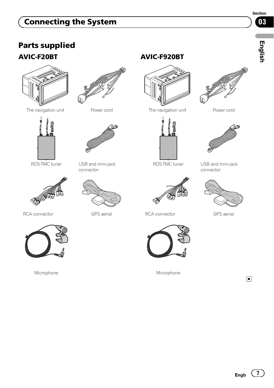 Parts supplied, Avic-f20bt 7, Avic-f920bt 7 | 03 connecting the system, Avic-f20bt, Avic-f920bt | Pioneer AVIC-F920BT User Manual | Page 7 / 172
