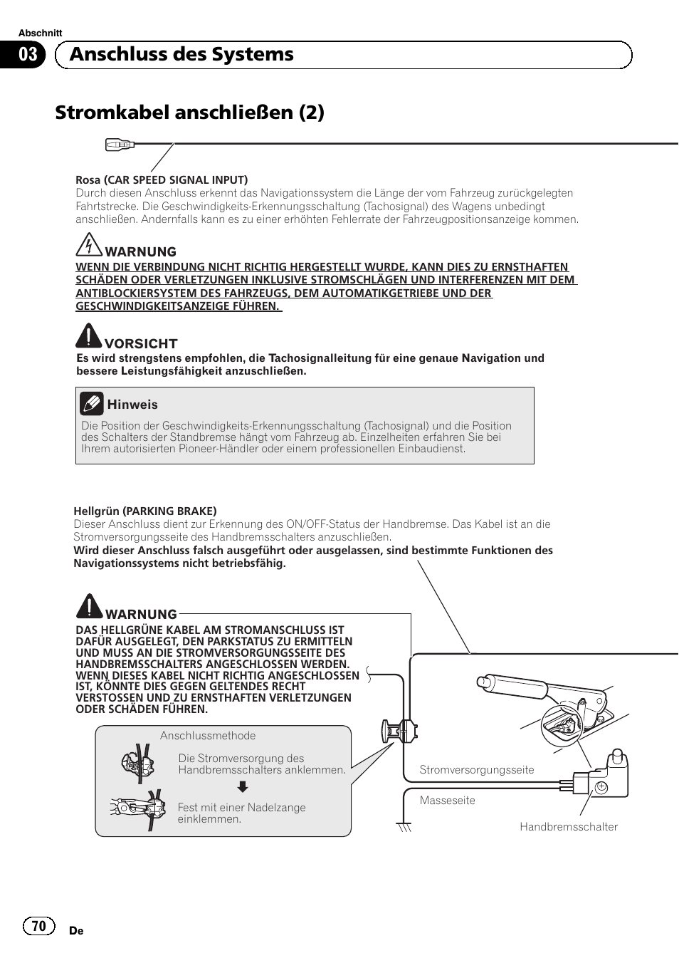 Stromkabel anschließen (2), 03 anschluss des systems | Pioneer AVIC-F920BT User Manual | Page 70 / 172