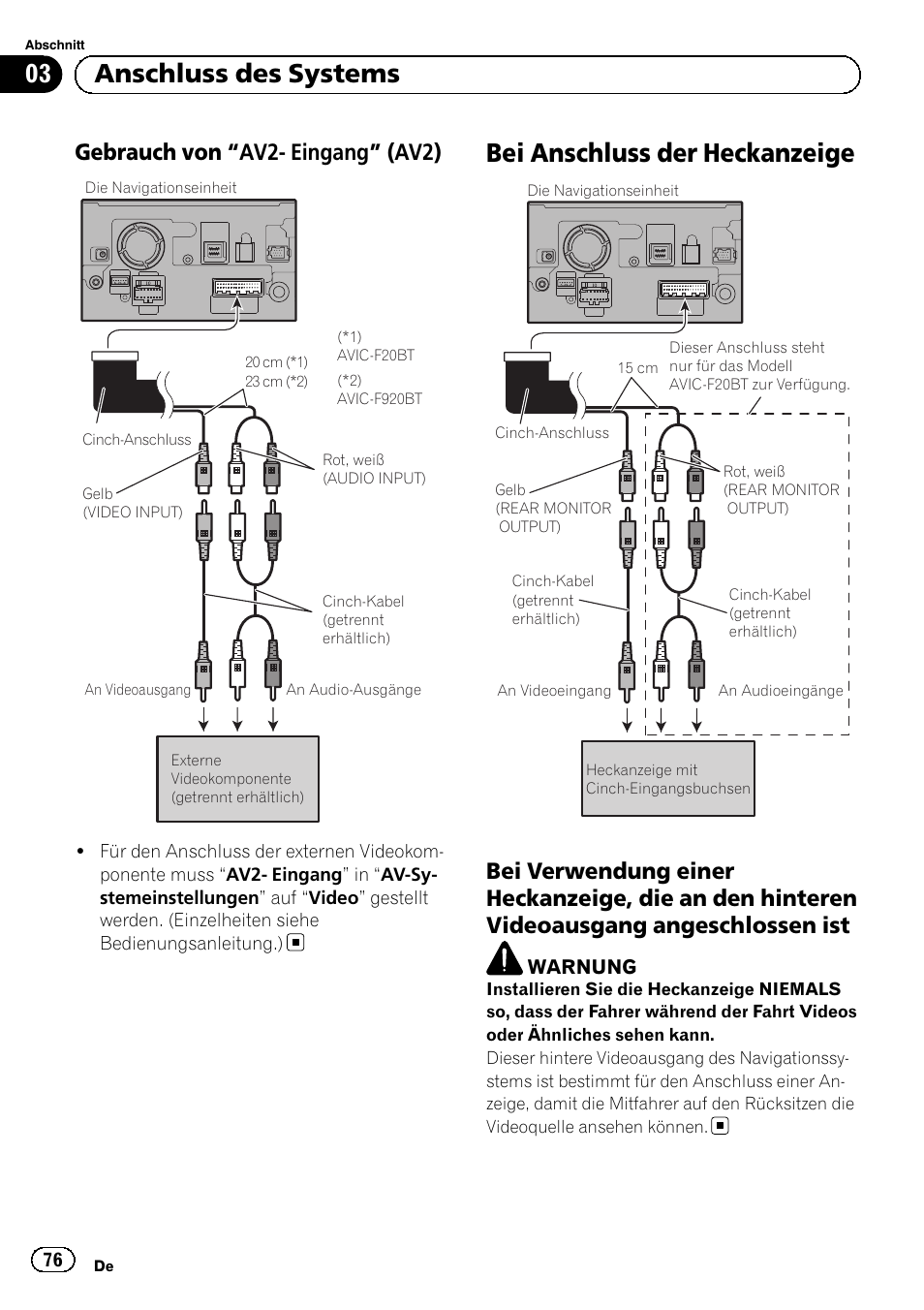 Gebrauch von “av2- eingang, Av2), Bei anschluss der heckanzeige | Bei verwendung einer heckanzeige, die, An den hinteren videoausgang angeschlossen ist, 03 anschluss des systems, Gebrauch von “av2- eingang” (av2) | Pioneer AVIC-F920BT User Manual | Page 76 / 172