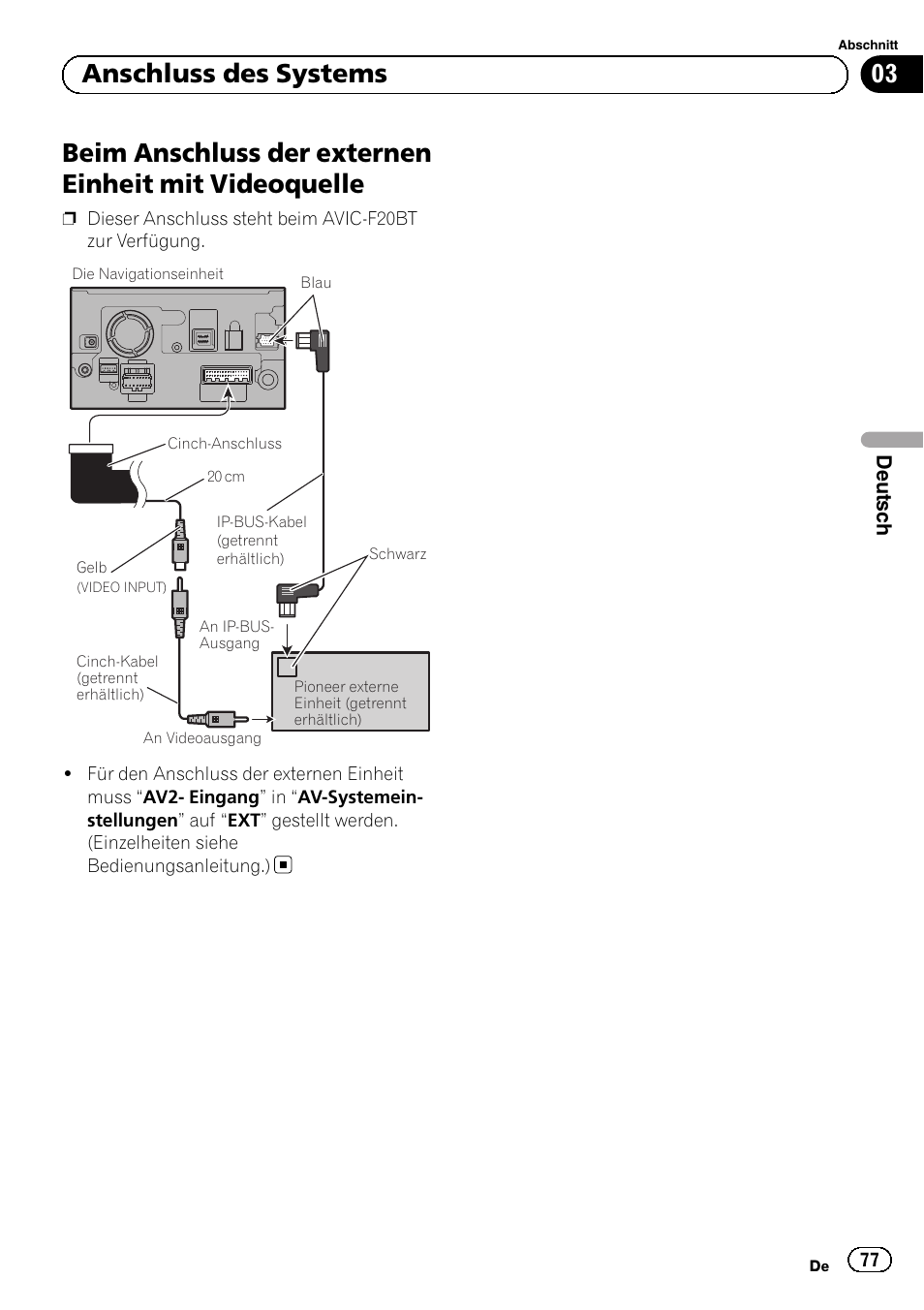 Beim anschluss der externen einheit mit, Videoquelle, 03 anschluss des systems | Pioneer AVIC-F920BT User Manual | Page 77 / 172