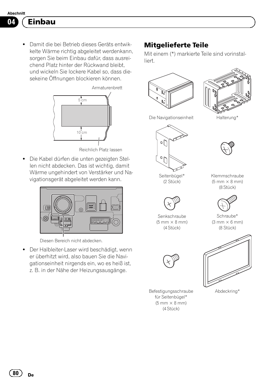 Mitgelieferte teile 80, 04 einbau, Mitgelieferte teile | Pioneer AVIC-F920BT User Manual | Page 80 / 172