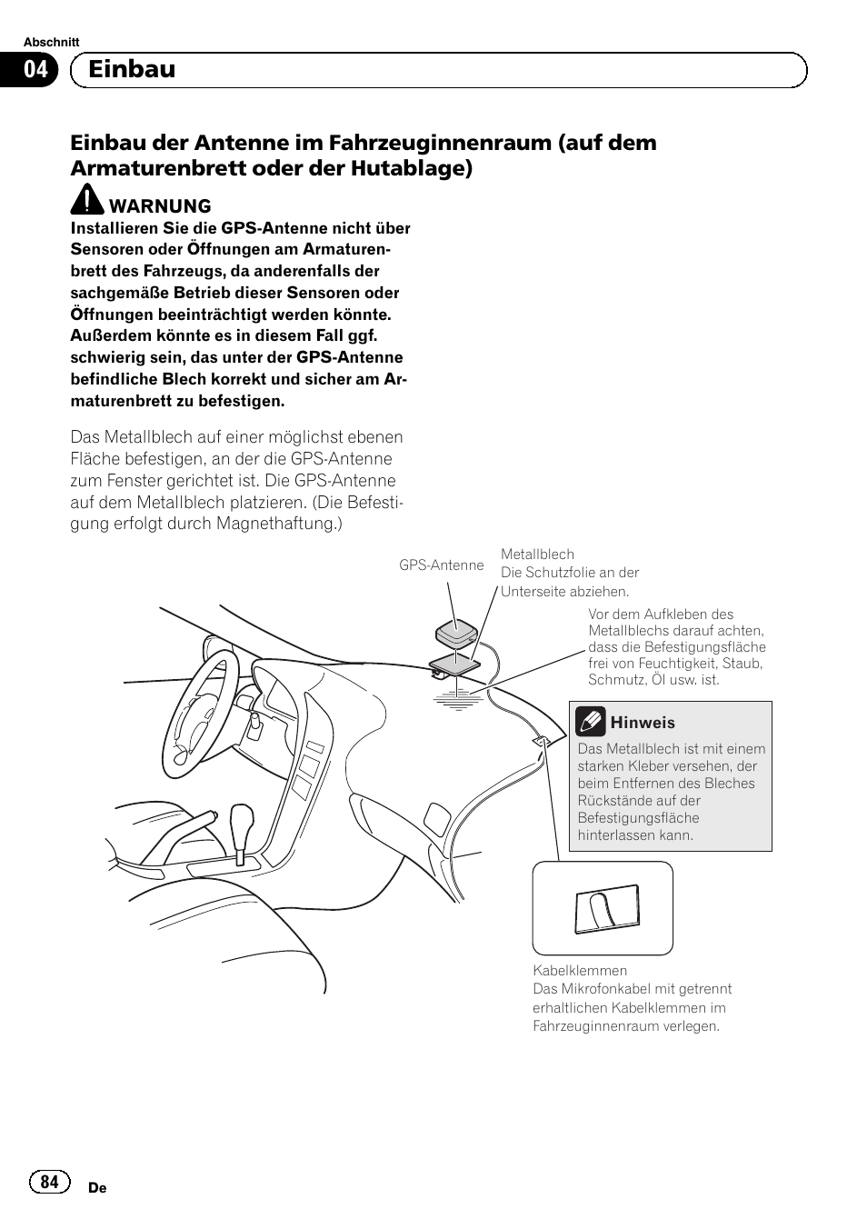 Einbau der antenne im, 04 einbau | Pioneer AVIC-F920BT User Manual | Page 84 / 172