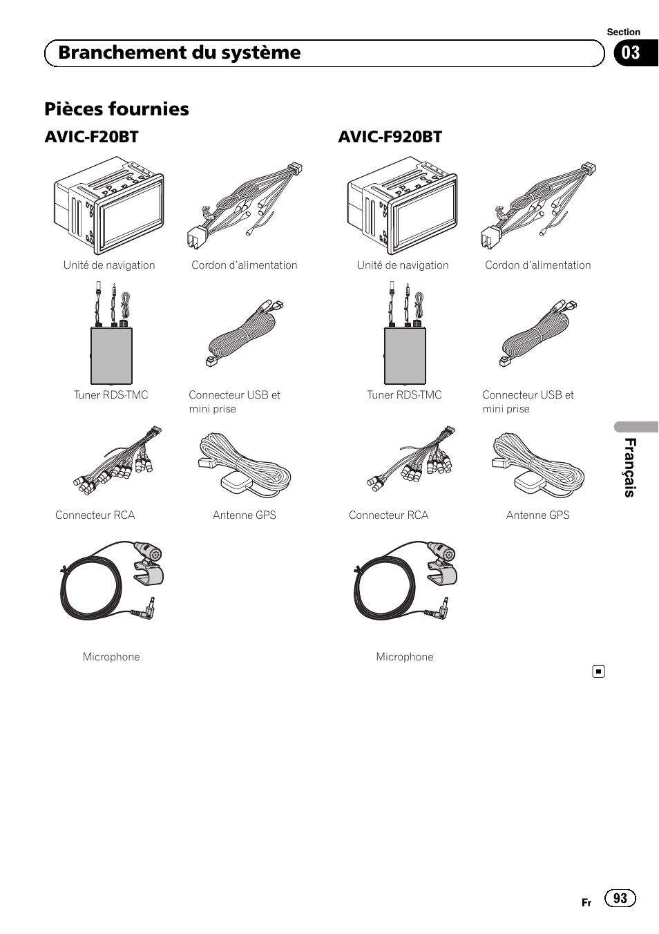 Pièces fournies, Avic-f20bt 93, Avic-f920bt 93 | 03 branchement du système, Avic-f20bt, Avic-f920bt, Français | Pioneer AVIC-F920BT User Manual | Page 93 / 172