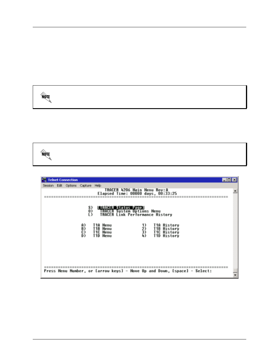 Navigating the terminal menu, Terminal menu window, Figure 1 | Main menu screen | ADTRAN TRACER 4206 Plan A User Manual | Page 42 / 60