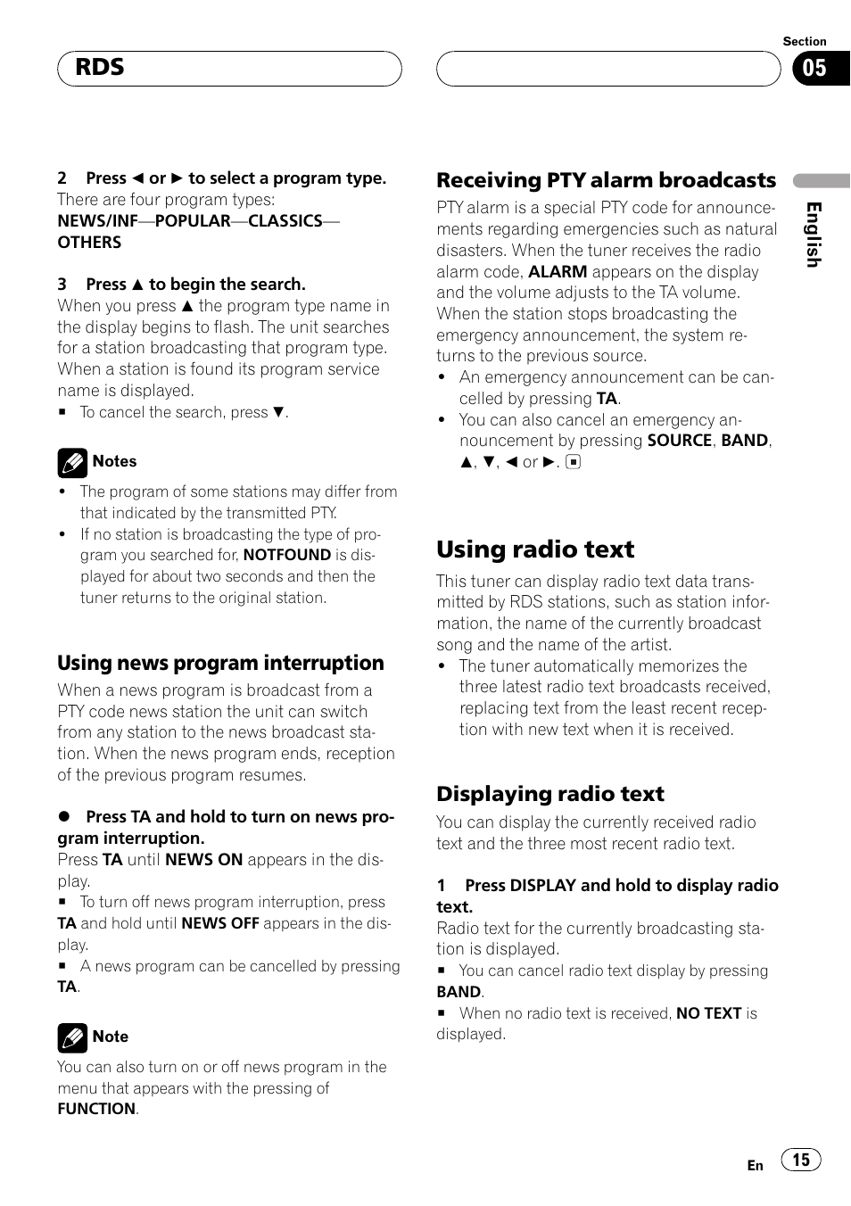 Using news program interruption 15, Receiving pty alarm broadcasts 15, Using radio text 15 | Displaying radio text 15, Using radio text, Using news program interruption, Receiving pty alarm broadcasts, Displaying radio text | Pioneer DEH-P4500R User Manual | Page 15 / 88