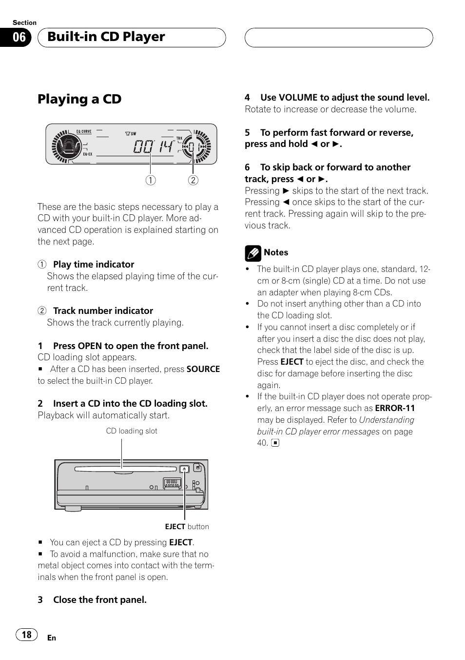 Built-in cd player playing a cd 18, Playing a cd, Built-in cd player | Pioneer DEH-P4500R User Manual | Page 18 / 88