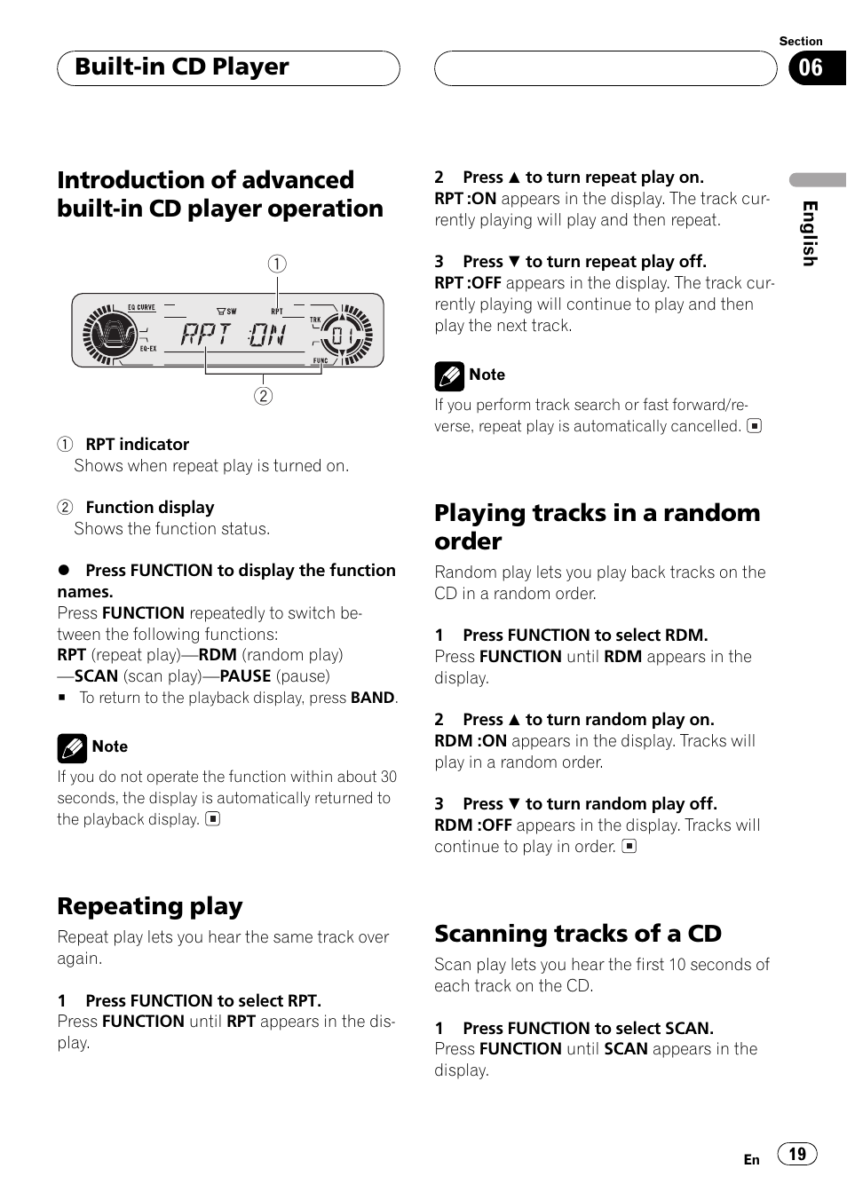 Introduction of advanced built-in cd player, Operation 19, Repeating play | Playing tracks in a random order, Scanning tracks of a cd, Built-in cd player | Pioneer DEH-P4500R User Manual | Page 19 / 88