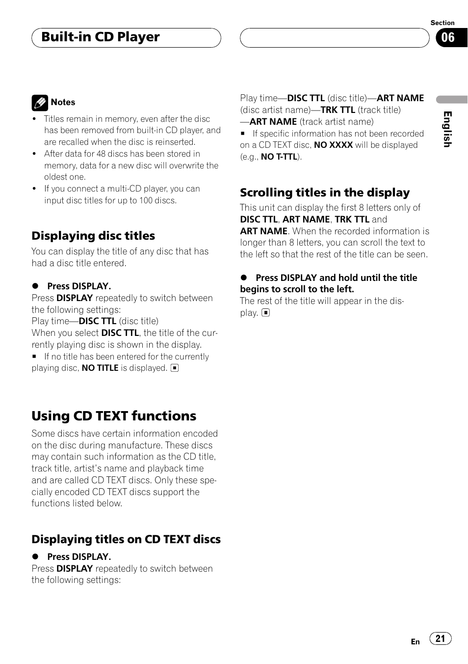 Displaying disc titles 21, Using cd text functions 21, Displaying titles on cd text | Discs 21, Scrolling titles in the display 21, Using cd text functions, Built-in cd player | Pioneer DEH-P4500R User Manual | Page 21 / 88