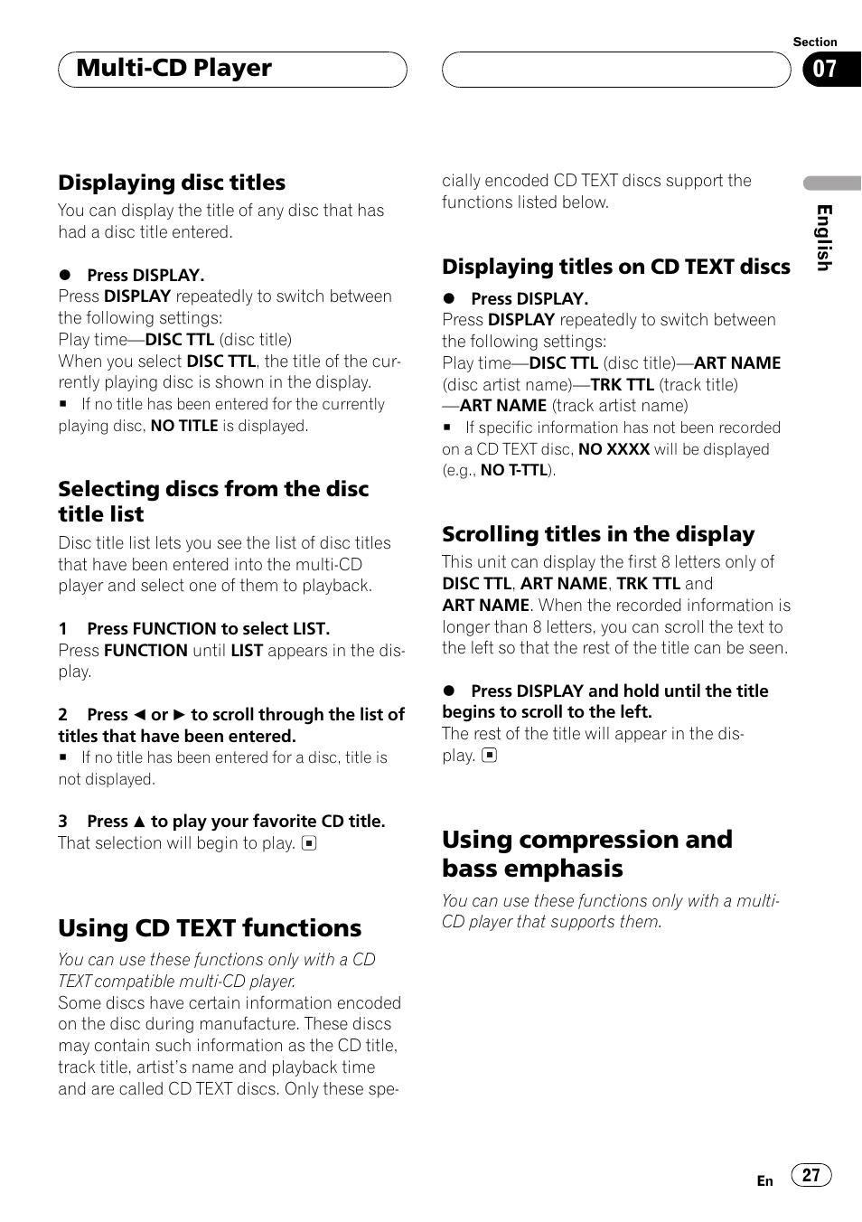 Displaying disc titles 27, Selecting discs from the disc title, List 27 | Using cd text functions 27, Displaying titles on cd text, Discs 27, Scrolling titles in the display 27, Using compression and bass emphasis 27, Using cd text functions, Using compression and bass emphasis | Pioneer DEH-P4500R User Manual | Page 27 / 88