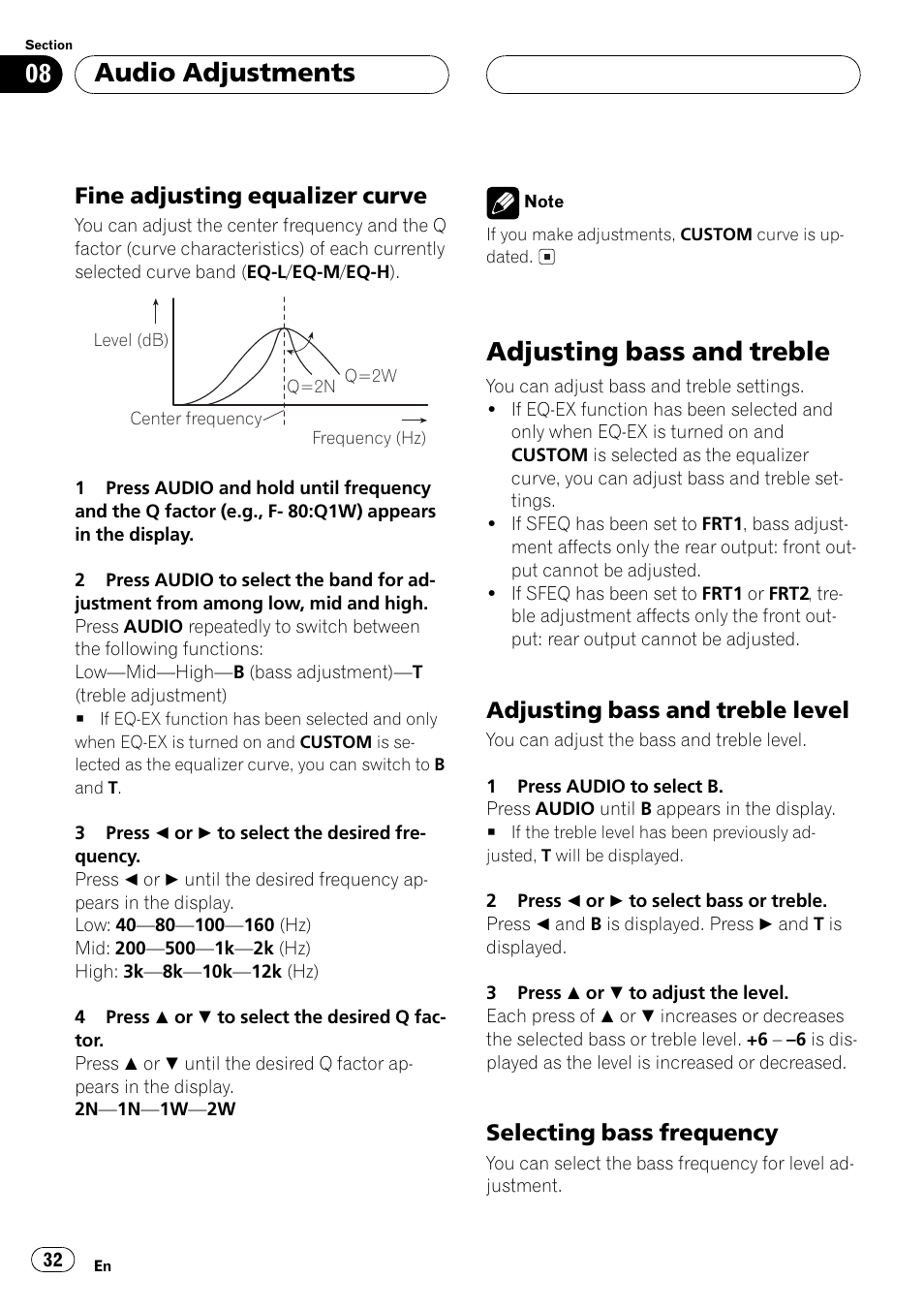 Fine adjusting equalizer curve 32, Adjusting bass and treble 32, Adjusting bass and treble level 32 | Selecting bass frequency 32, Adjusting bass and treble, Audio adjustments, Fine adjusting equalizer curve, Adjusting bass and treble level, Selecting bass frequency | Pioneer DEH-P4500R User Manual | Page 32 / 88