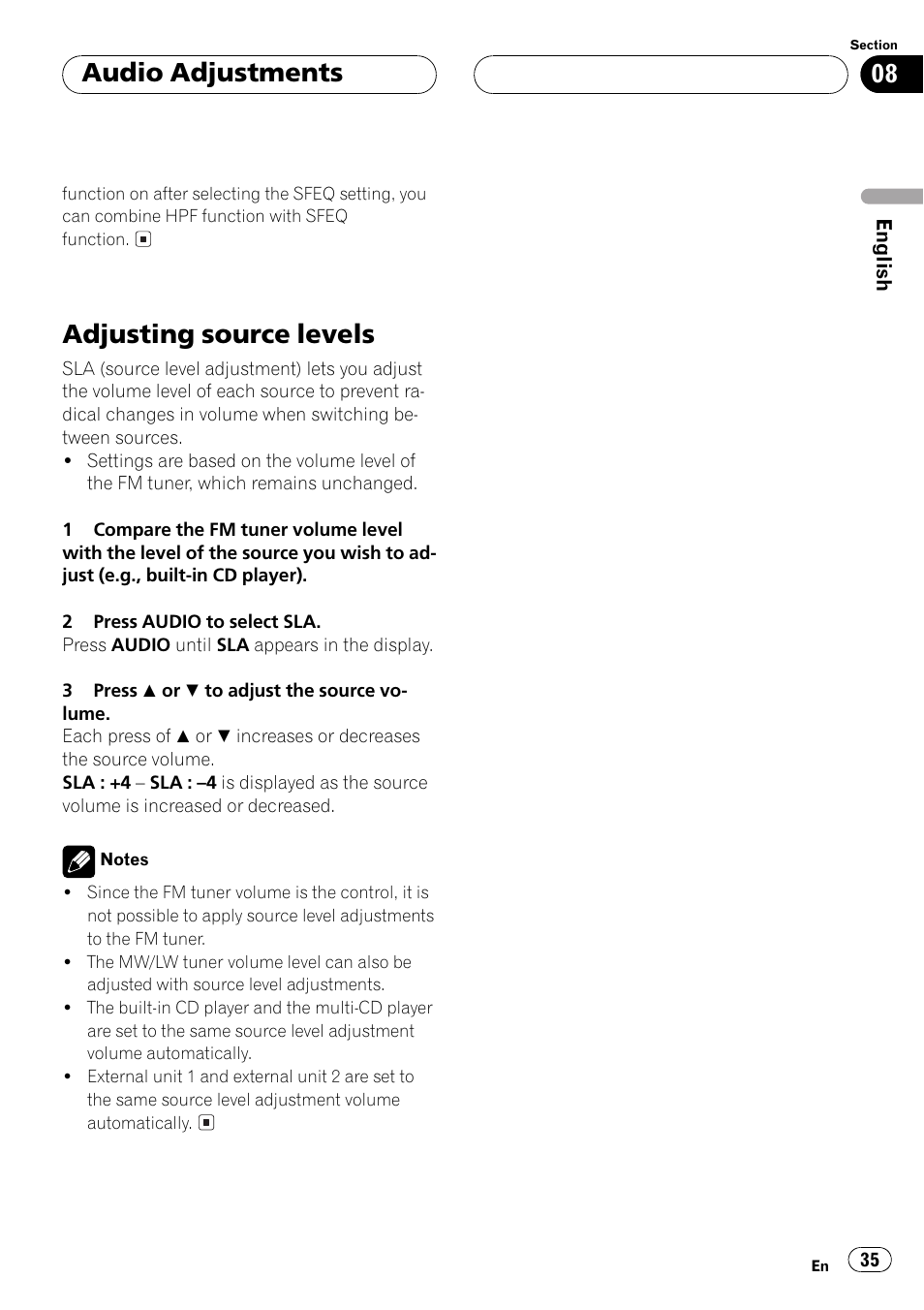 Adjusting source levels 35, Adjusting source levels, Audio adjustments | Pioneer DEH-P4500R User Manual | Page 35 / 88