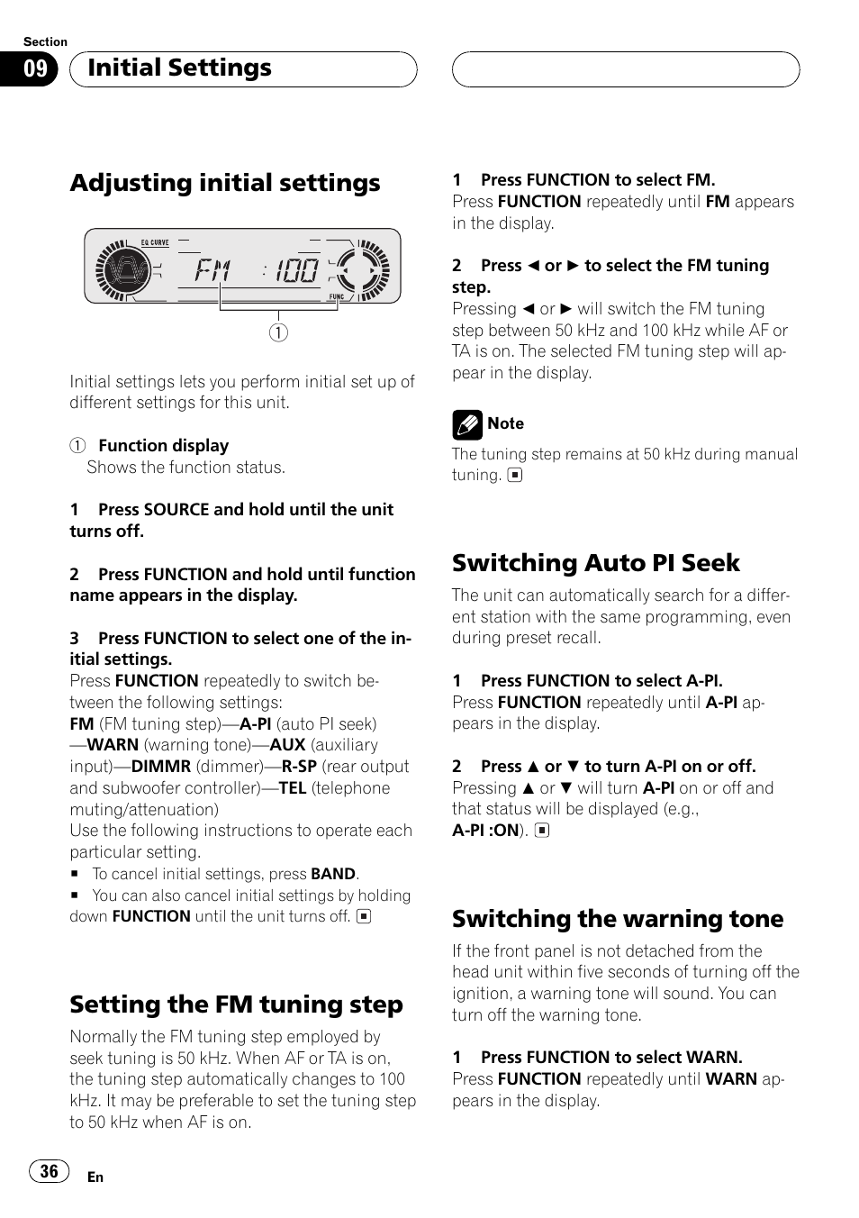 Adjusting initial settings, Setting the fm tuning step, Switching auto pi seek | Switching the warning tone, Initial settings | Pioneer DEH-P4500R User Manual | Page 36 / 88