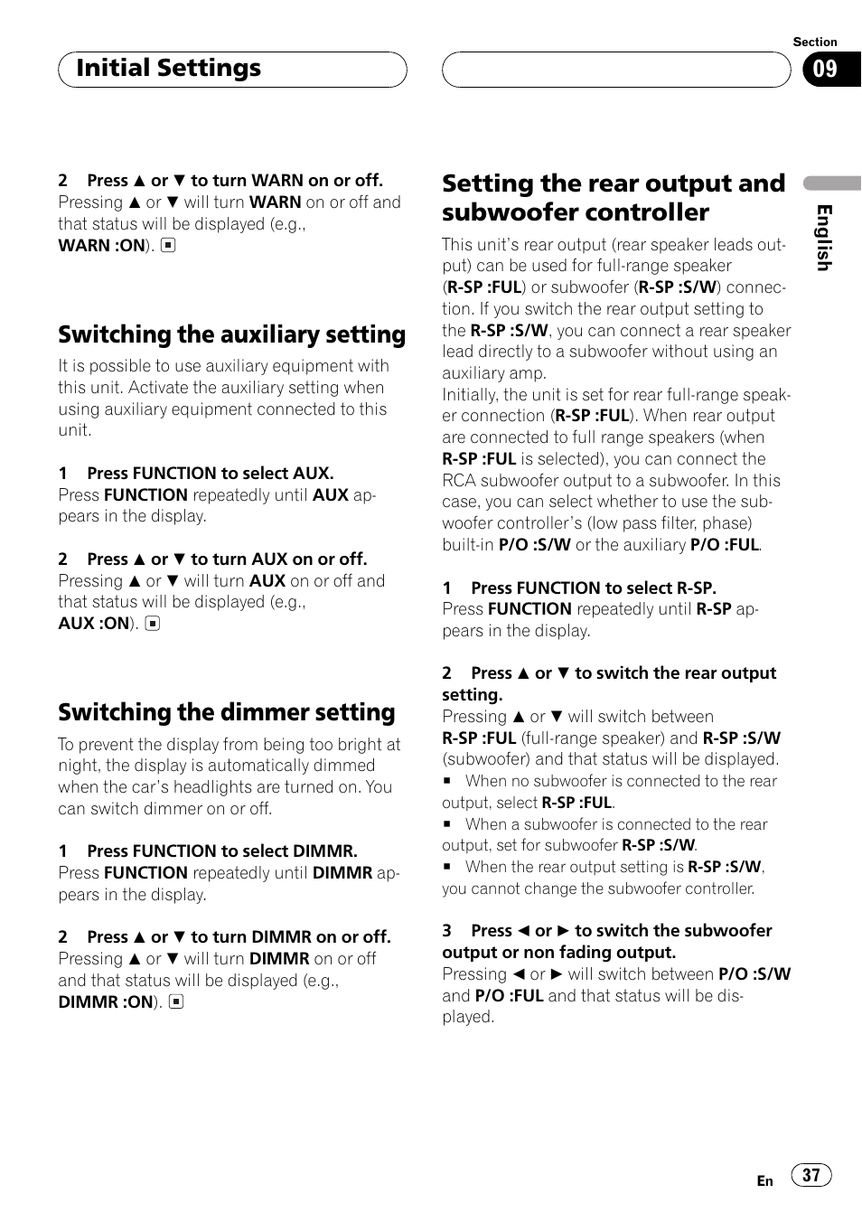 Controller 37, Switching the auxiliary setting, Switching the dimmer setting | Setting the rear output and subwoofer controller, Initial settings | Pioneer DEH-P4500R User Manual | Page 37 / 88