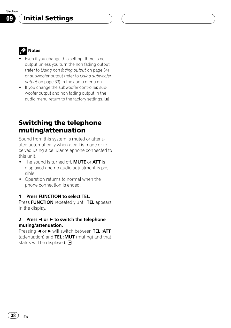 Switching the telephone muting, Attenuation 38, Switching the telephone muting/attenuation | Initial settings | Pioneer DEH-P4500R User Manual | Page 38 / 88
