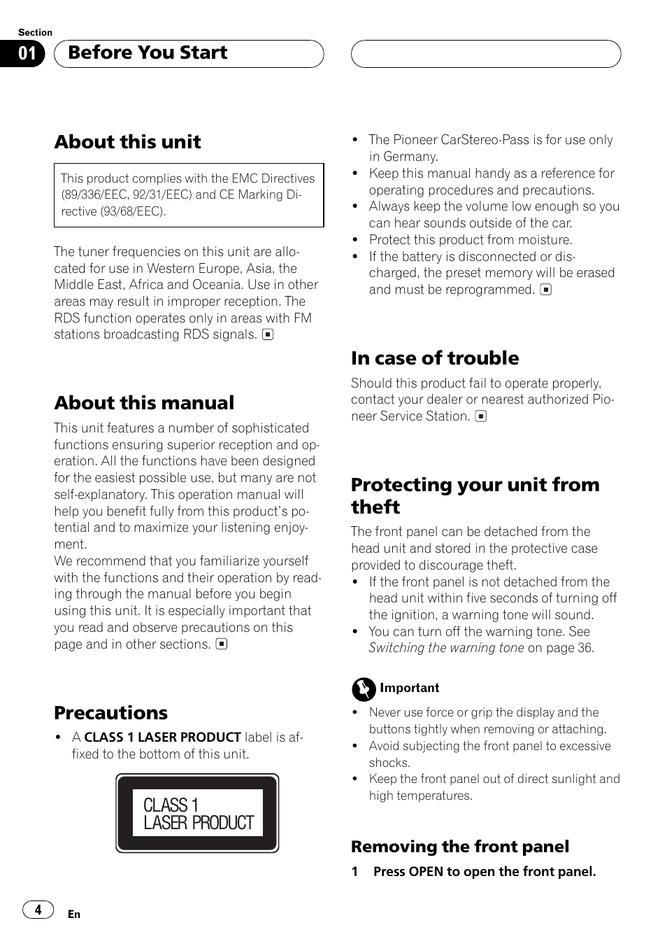 Removing the front panel 4, About this unit, About this manual | Precautions, Protecting your unit from theft, Before you start, Class 1 laser product | Pioneer DEH-P4500R User Manual | Page 4 / 88