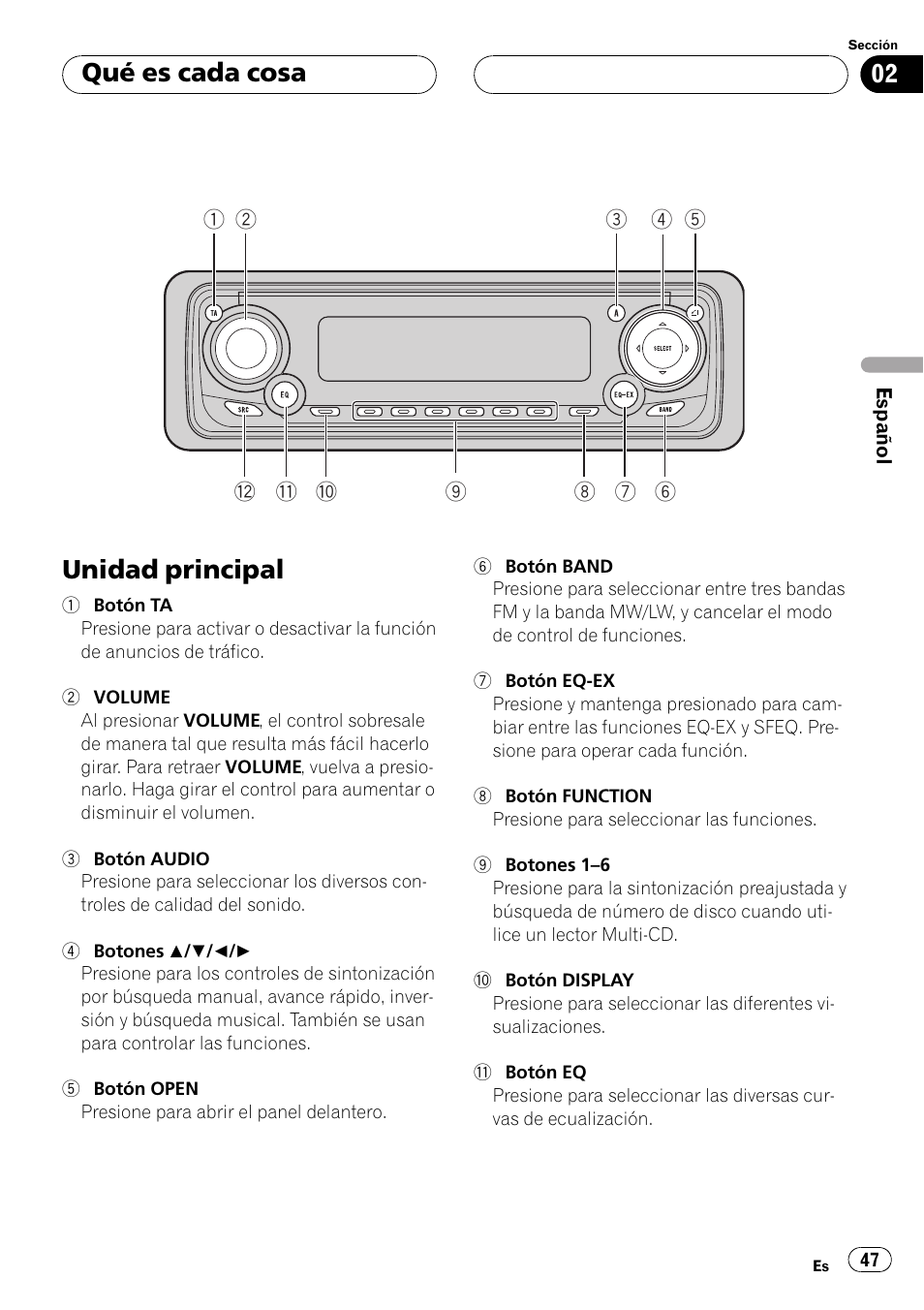 Qué es cada cosa, Unidad principal 47, Unidad principal | Pioneer DEH-P4500R User Manual | Page 47 / 88