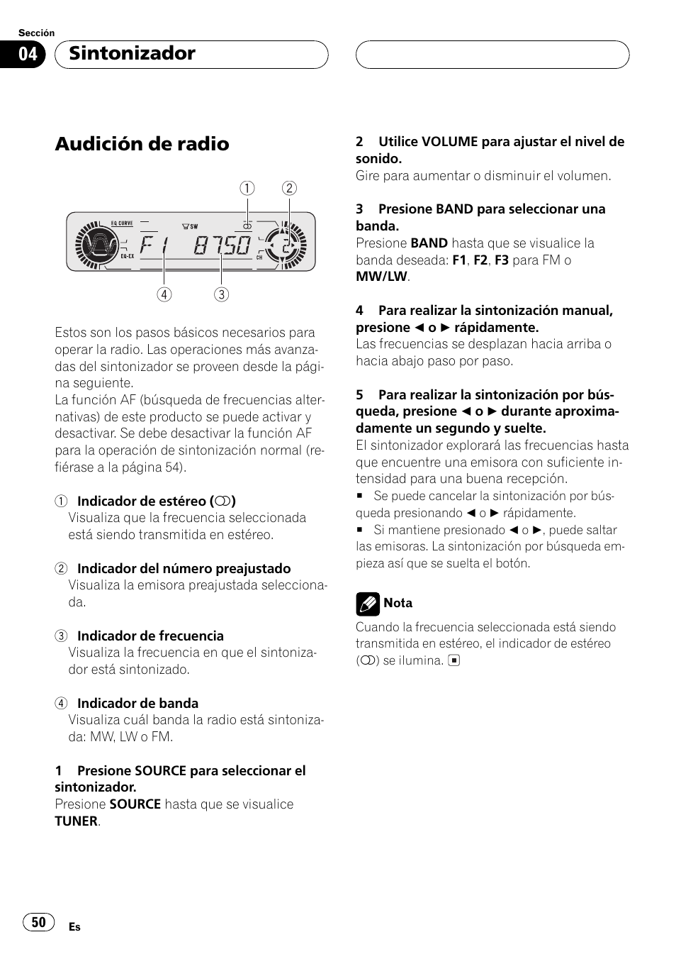 Sintonizador, Audición de radio 50, Audición de radio | Pioneer DEH-P4500R User Manual | Page 50 / 88