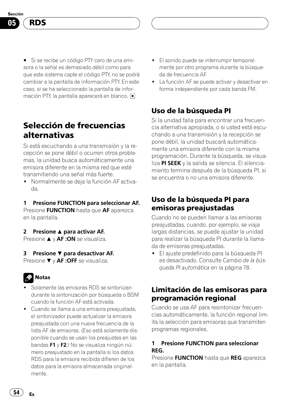 Selección de frecuencias alternativas 54, Uso de la búsqueda pi 54, Uso de la búsqueda pi para emisoras | Preajustadas 54, Limitación de las emisoras para, Programación regional 54, Selección de frecuencias alternativas | Pioneer DEH-P4500R User Manual | Page 54 / 88