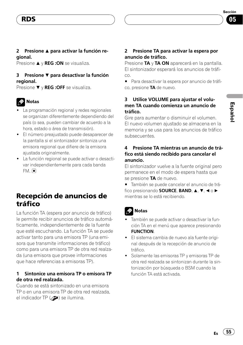 Recepción de anuncios de tráfico 55, Recepción de anuncios de tráfico | Pioneer DEH-P4500R User Manual | Page 55 / 88