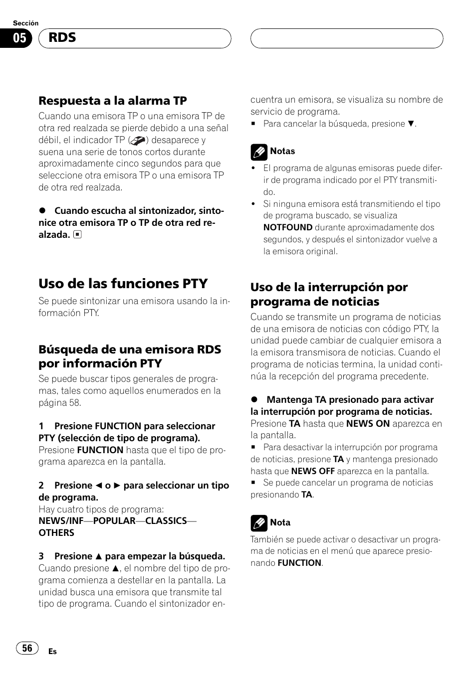 Respuesta a la alarma tp 56, Uso de las funciones pty 56, Búsqueda de una emisora rds por | Información pty 56, Uso de la interrupción por programa, De noticias 56, Uso de las funciones pty, Respuesta a la alarma tp, Búsqueda de una emisora rds por información pty, Uso de la interrupción por programa de noticias | Pioneer DEH-P4500R User Manual | Page 56 / 88
