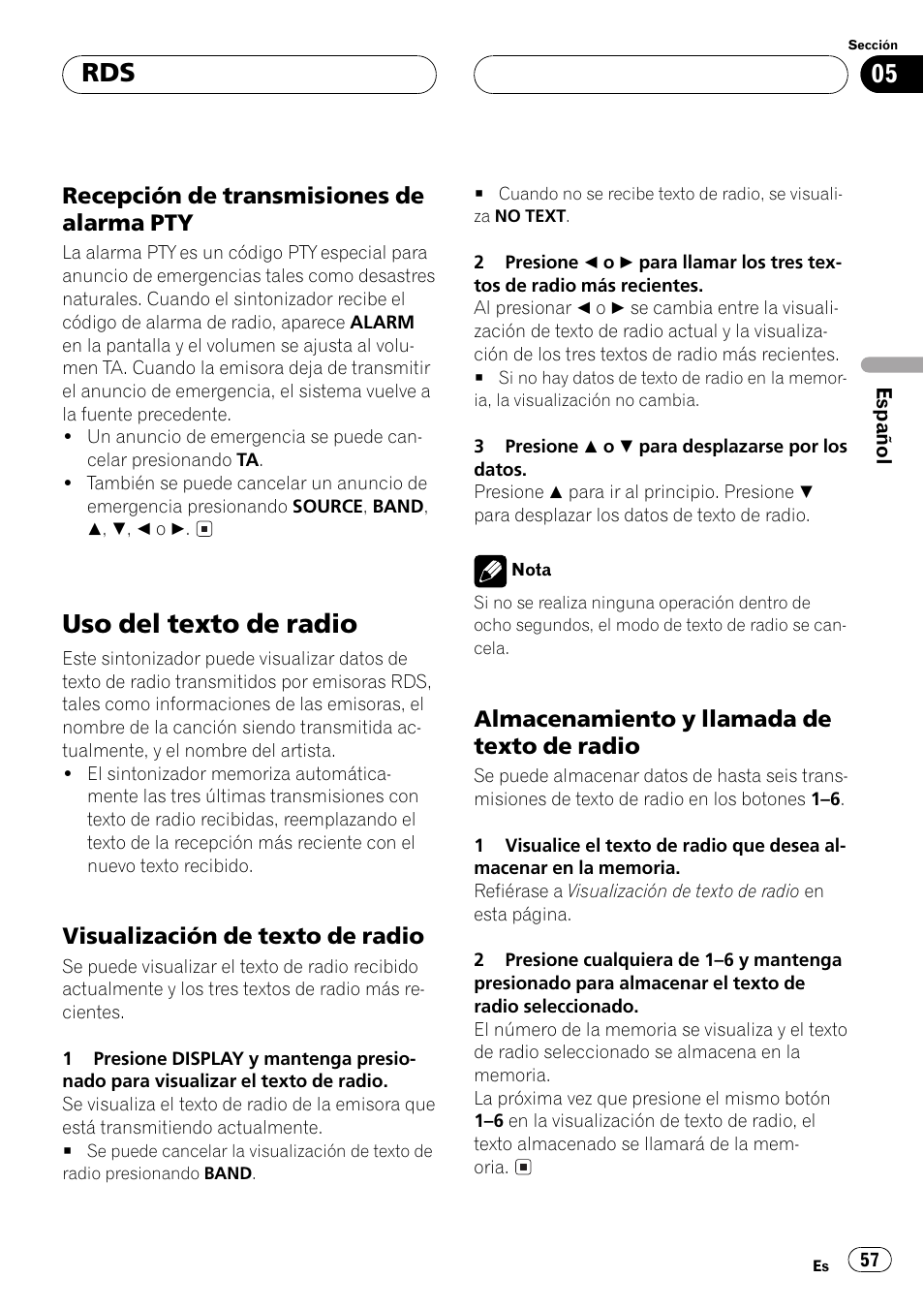Recepción de transmisiones de, Alarma pty 57, Uso del texto de radio 57 | Visualización de texto de radio 57, Almacenamiento y llamada de texto, De radio 57, Uso del texto de radio, Recepción de transmisiones de alarma pty, Visualización de texto de radio, Almacenamiento y llamada de texto de radio | Pioneer DEH-P4500R User Manual | Page 57 / 88