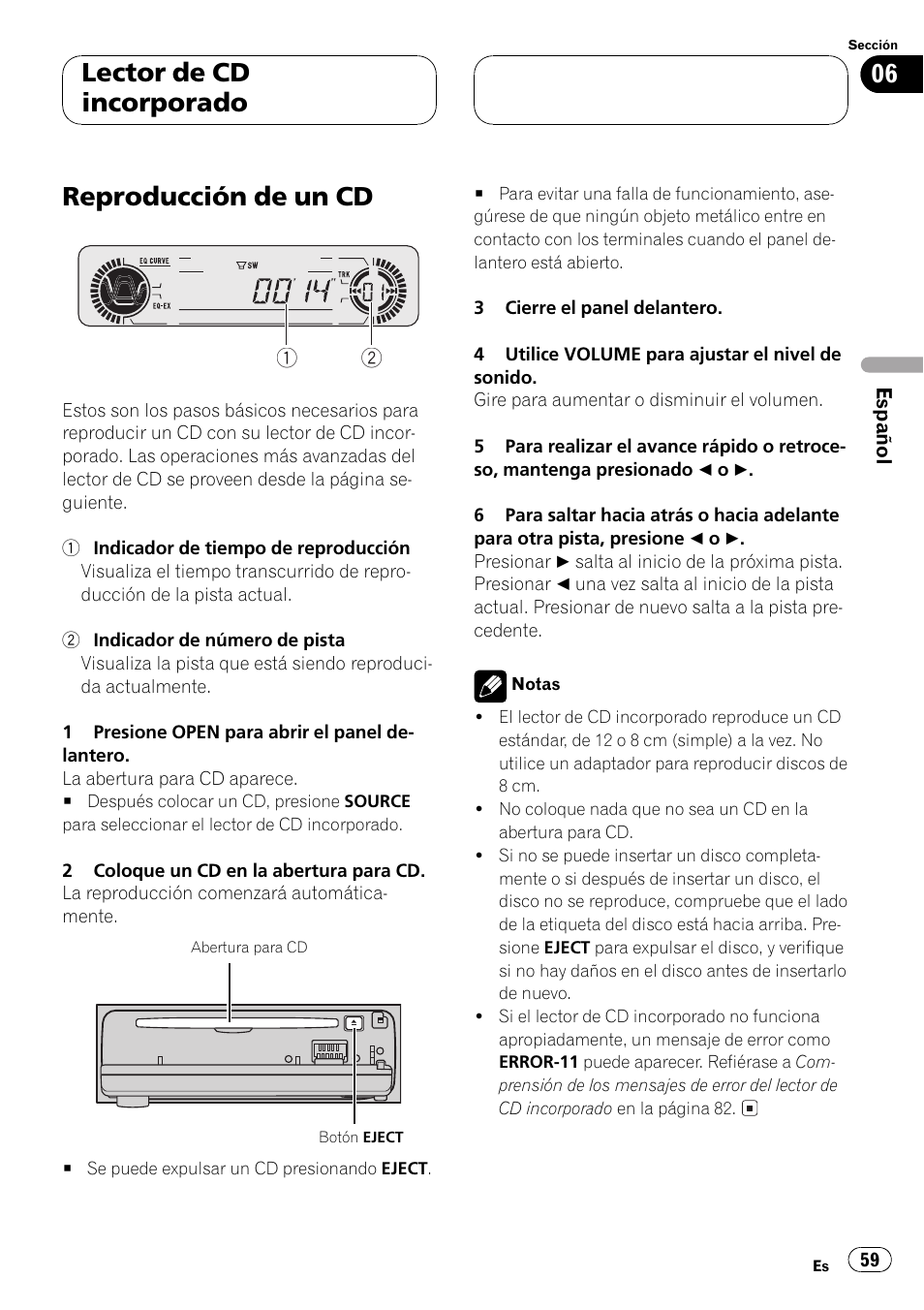 Lector de cd incorporado, Reproducción de un cd 59, Reproducción de un cd | Pioneer DEH-P4500R User Manual | Page 59 / 88