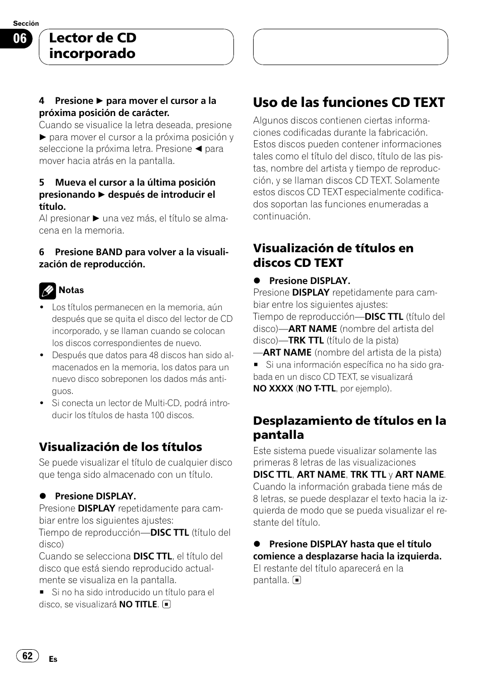 Visualización de los títulos 62, Uso de las funciones cd text 62, Visualización de títulos en discos cd | Text 62, Desplazamiento de títulos en la, Pantalla 62, Uso de las funciones cd text, Lector de cd incorporado | Pioneer DEH-P4500R User Manual | Page 62 / 88