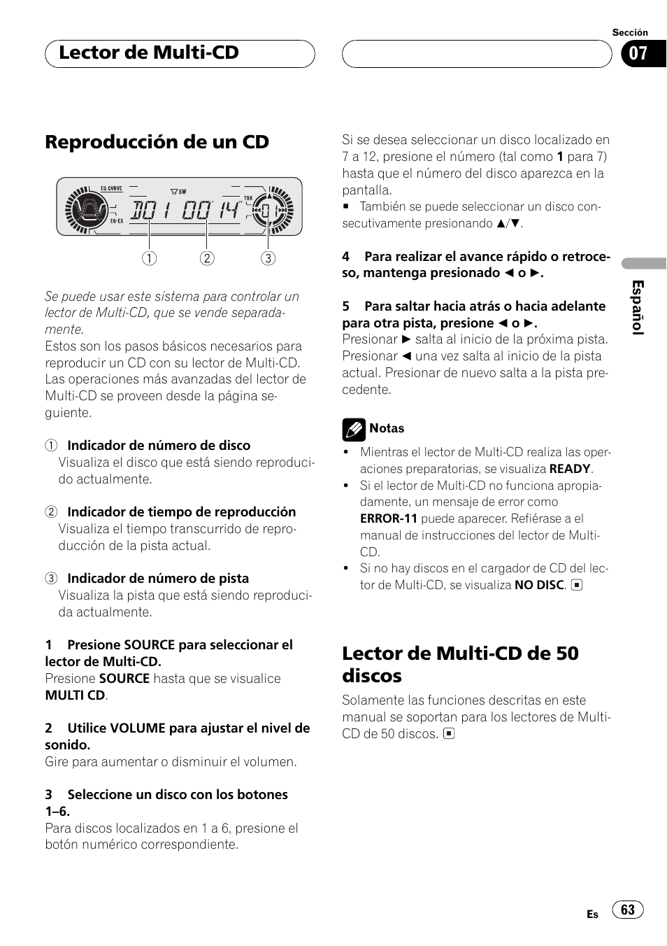 Lector de multi-cd, Reproducción de un cd 63, Lector de multi-cd de 50 discos 63 | Reproducción de un cd, Lector de multi-cd de 50 discos | Pioneer DEH-P4500R User Manual | Page 63 / 88