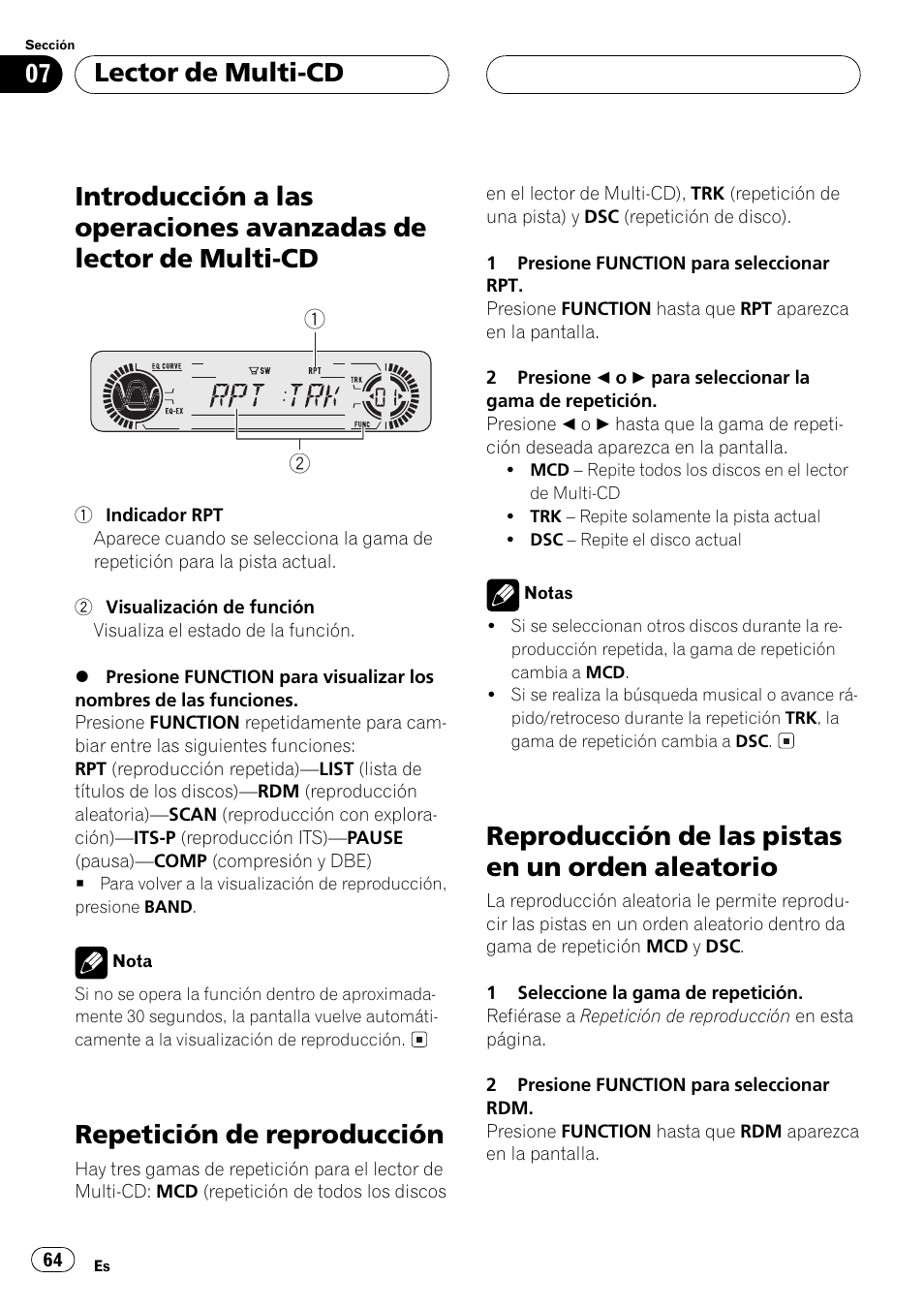 Introducción a las operaciones avanzadas de, Lector de multi-cd 64, Repetición de reproducción 64 | Reproducción de las pistas en un orden, Aleatorio 64, Repetición de reproducción, Reproducción de las pistas en un orden aleatorio, Lector de multi-cd | Pioneer DEH-P4500R User Manual | Page 64 / 88