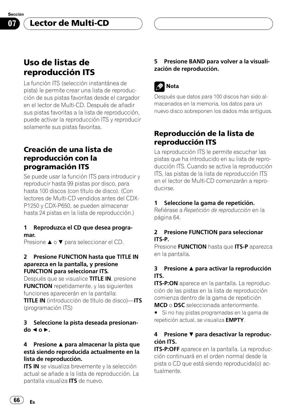 Uso de listas de reproducción its 66, Creación de una lista de reproducción, Con la programación its 66 | Reproducción de la lista de, Reproducción its 66, Uso de listas de reproducción its, Lector de multi-cd | Pioneer DEH-P4500R User Manual | Page 66 / 88