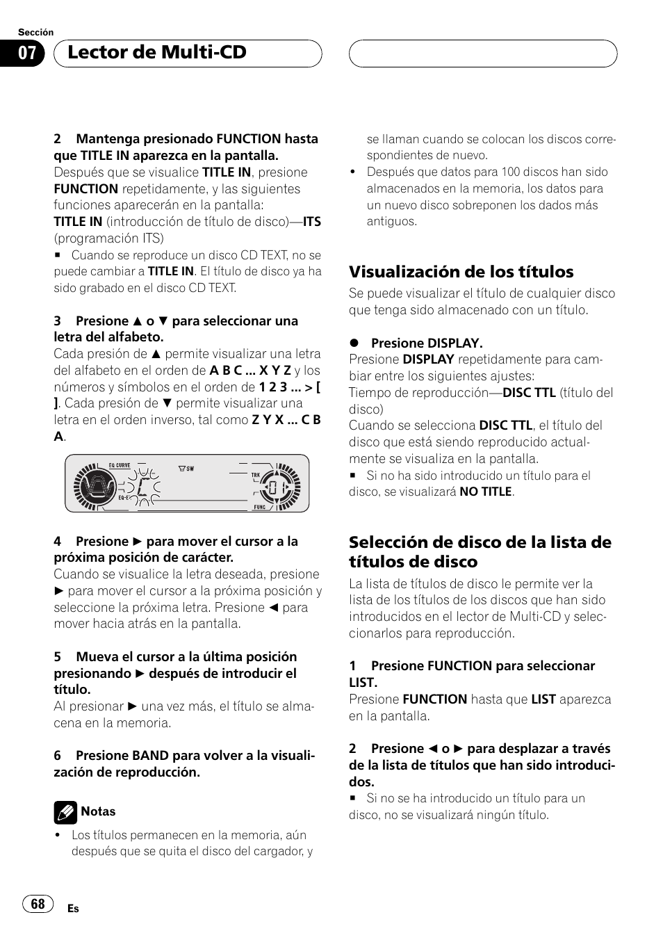 Visualización de los títulos 68, Selección de disco de la lista de, Títulos de disco 68 | Lector de multi-cd, Visualización de los títulos, Selección de disco de la lista de títulos de disco | Pioneer DEH-P4500R User Manual | Page 68 / 88