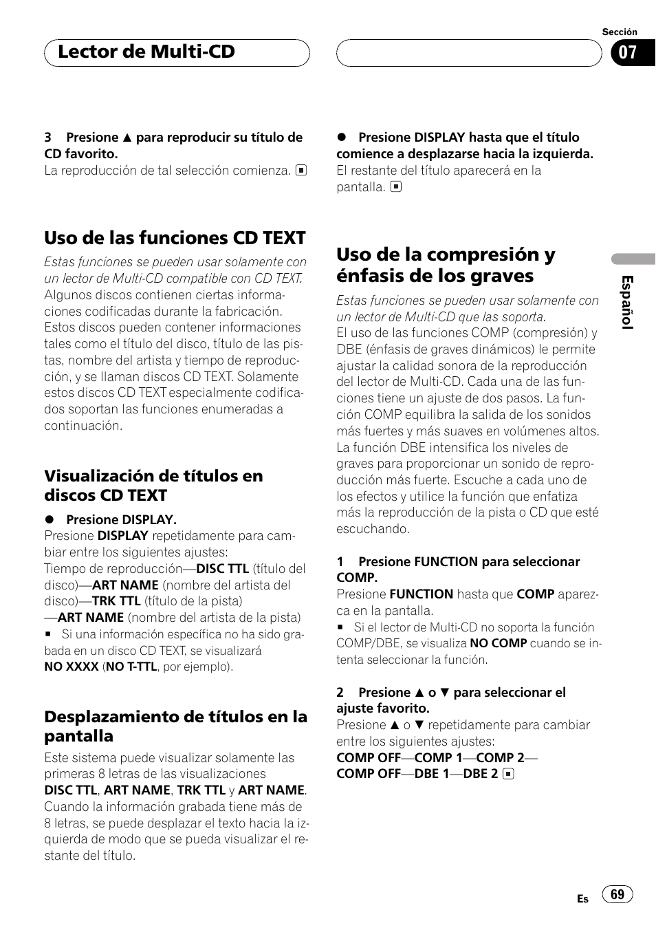 Uso de las funciones cd text 69, Visualización de títulos en discos cd, Text 69 | Desplazamiento de títulos en la, Pantalla 69, Uso de la compresión y énfasis de los, Graves 69, Uso de las funciones cd text, Uso de la compresión y énfasis de los graves, Lector de multi-cd | Pioneer DEH-P4500R User Manual | Page 69 / 88