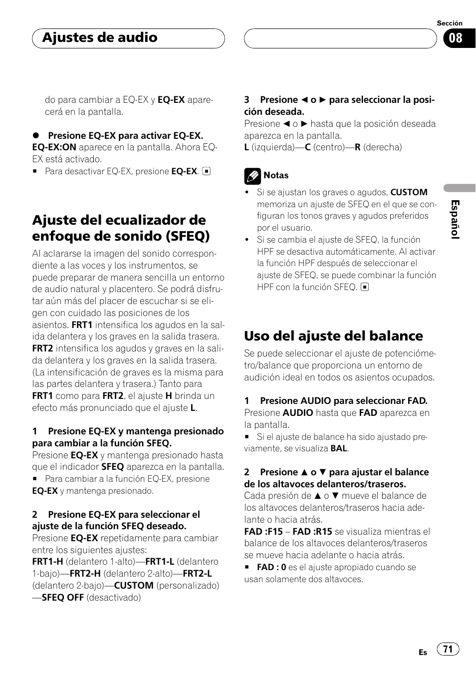 Ajuste del ecualizador de enfoque de sonido, Sfeq) 71, Uso del ajuste del balance 71 | Ajuste del ecualizador de enfoque de sonido (sfeq), Uso del ajuste del balance, Ajustes de audio | Pioneer DEH-P4500R User Manual | Page 71 / 88