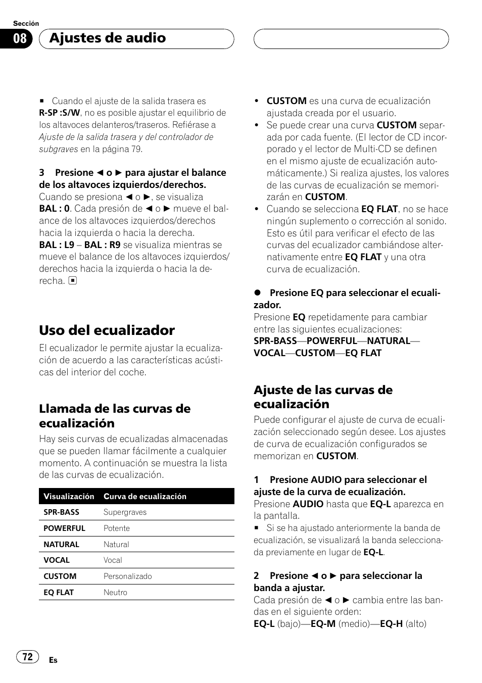 Uso del ecualizador 72, Llamada de las curvas de, Ecualización 72 | Ajuste de las curvas de, Uso del ecualizador, Ajustes de audio, Llamada de las curvas de ecualización, Ajuste de las curvas de ecualización | Pioneer DEH-P4500R User Manual | Page 72 / 88