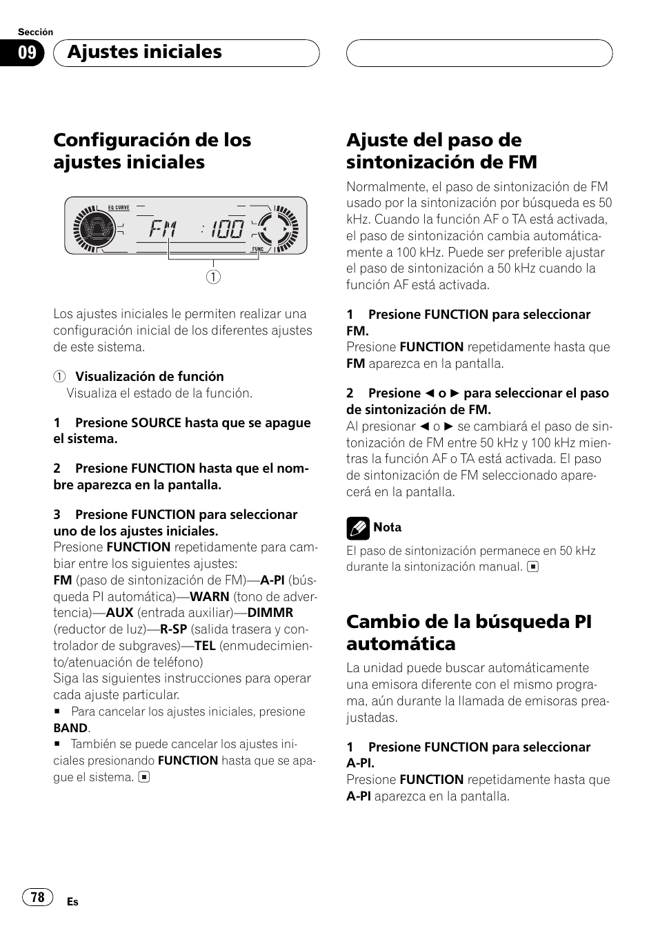 Ajustes iniciales, Configuración de los ajustes iniciales 78, Ajuste del paso de sintonización de fm 78 | Cambio de la búsqueda pi automática 78, Configuración de los ajustes iniciales, Ajuste del paso de sintonización de fm, Cambio de la búsqueda pi automática | Pioneer DEH-P4500R User Manual | Page 78 / 88