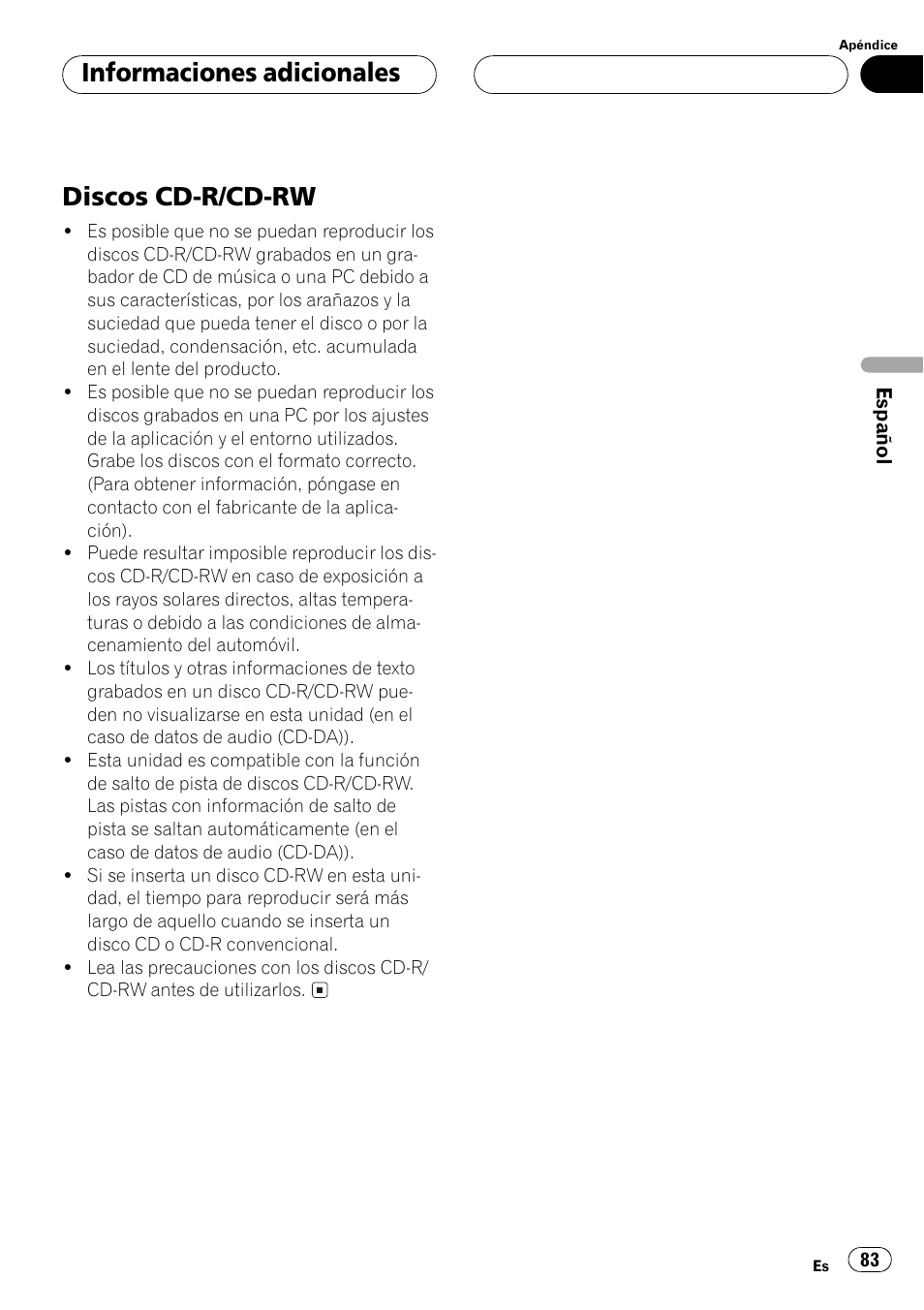Discos cd-r/cd-rw 83, Discos cd-r/cd-rw, Informaciones adicionales | Pioneer DEH-P4500R User Manual | Page 83 / 88