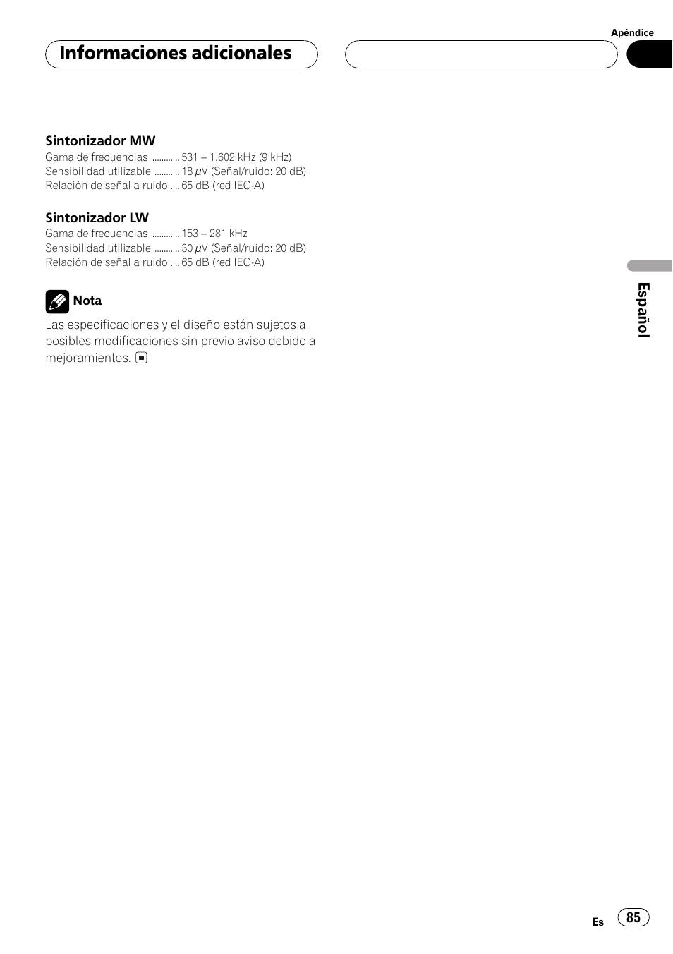 Informaciones adicionales | Pioneer DEH-P4500R User Manual | Page 85 / 88
