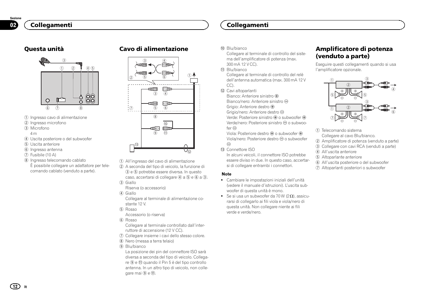 Questa unità, Cavo di alimentazione, Amplificatore di potenza (venduto a parte) | Collegamenti | Pioneer FH-X700BT User Manual | Page 12 / 32