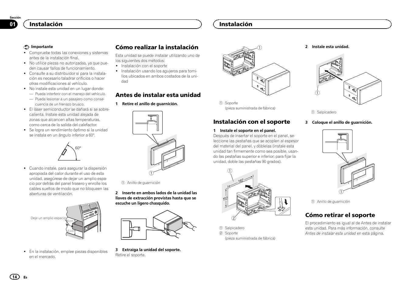 Español, Cómo realizar la instalación, Antes de instalar esta unidad | Instalación con el soporte, Cómo retirar el soporte, Instalación | Pioneer FH-X700BT User Manual | Page 14 / 32