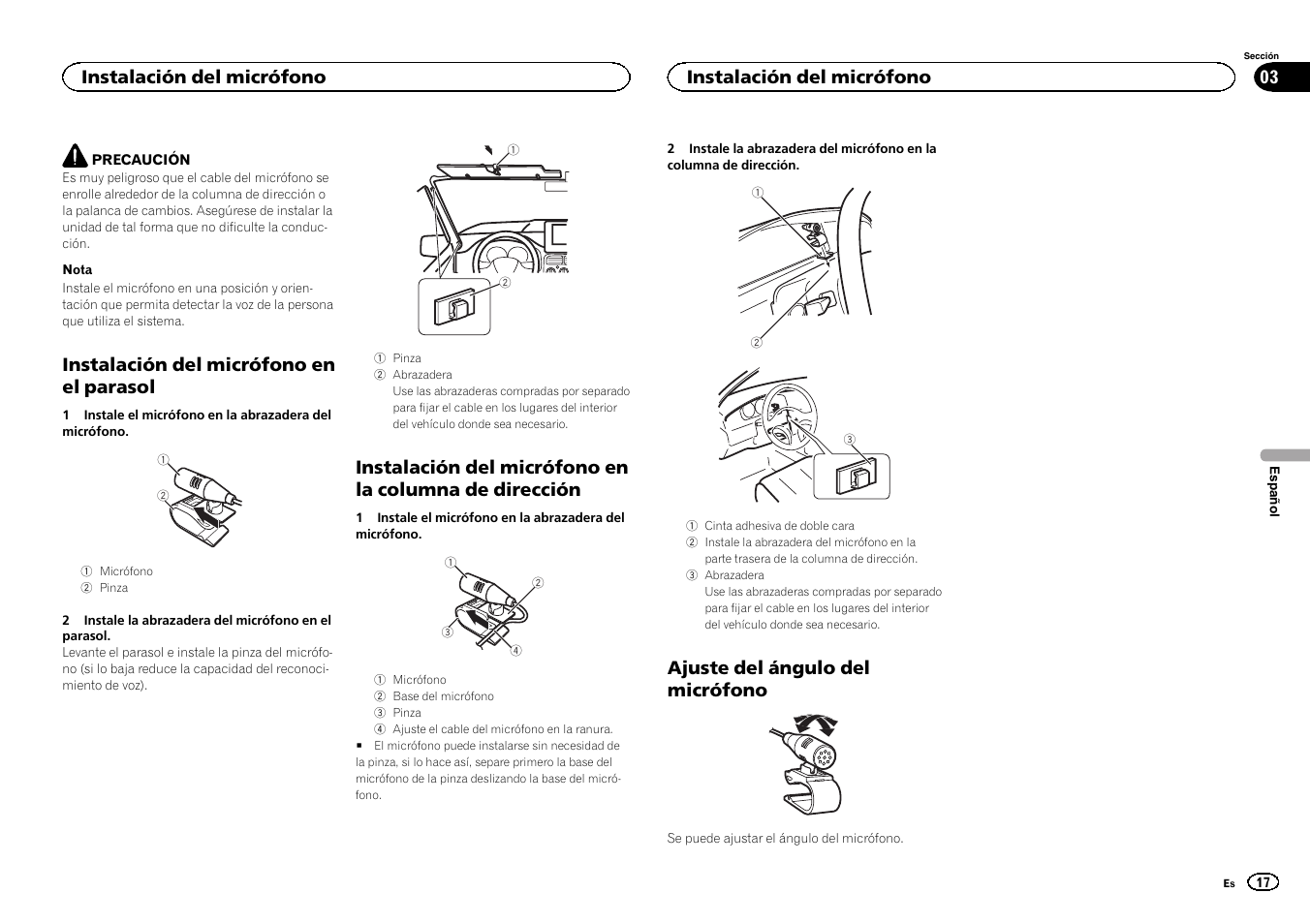 Instalación del micrófono en el parasol, Ajuste del ángulo del micrófono, Instalación del micrófono | Pioneer FH-X700BT User Manual | Page 17 / 32