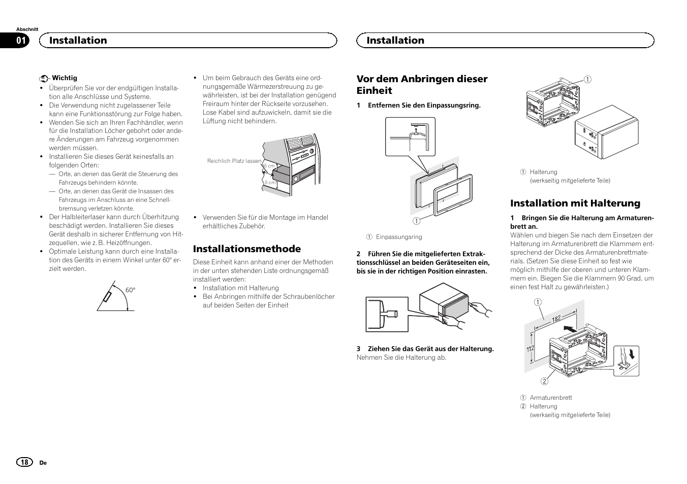 Deutsch, Installationsmethode, Vor dem anbringen dieser einheit | Installation mit halterung, Installation | Pioneer FH-X700BT User Manual | Page 18 / 32