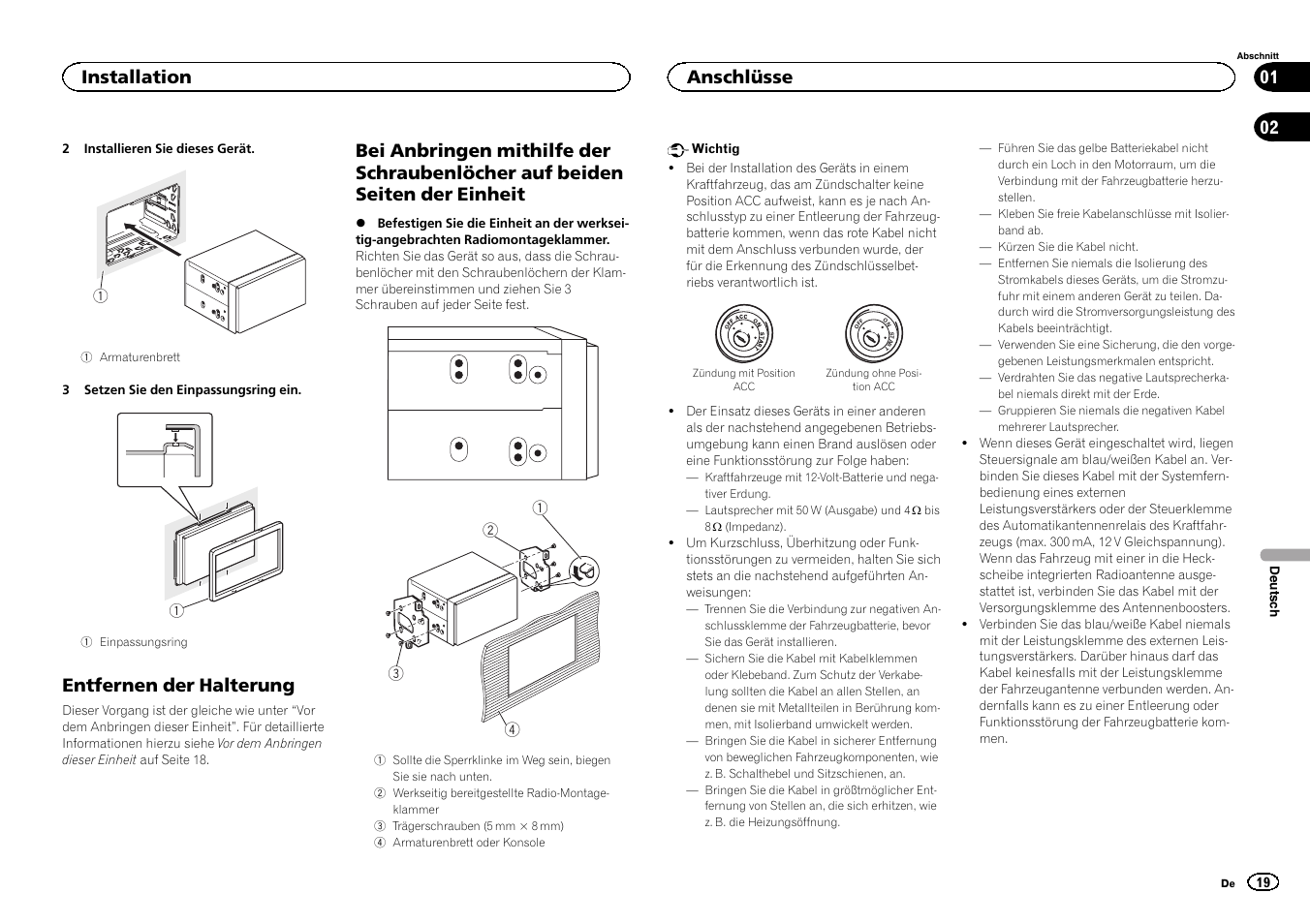 Entfernen der halterung, Installation, Anschlüsse | Pioneer FH-X700BT User Manual | Page 19 / 32
