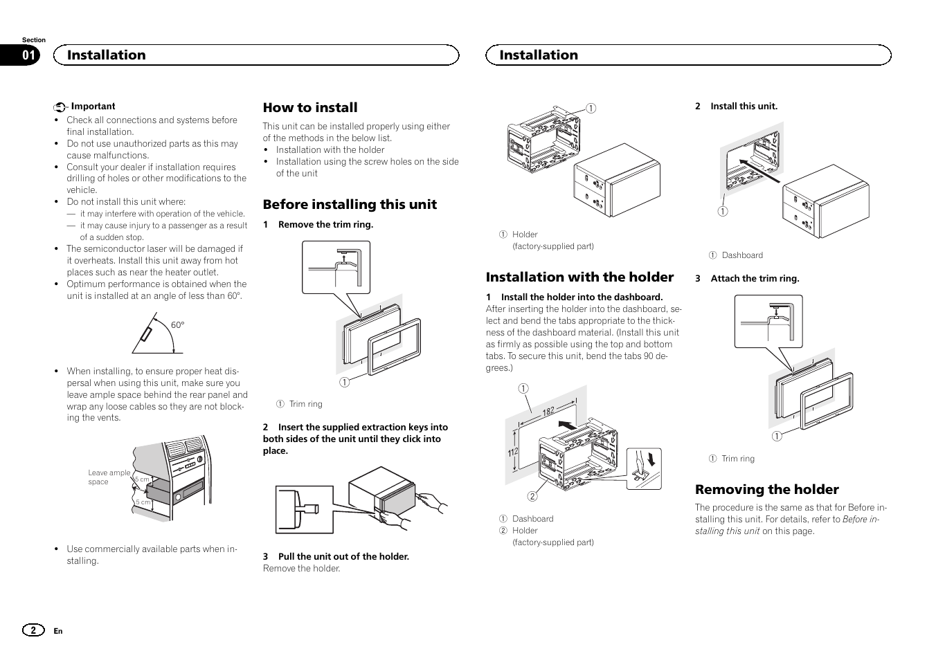 English, How to install, Before installing this unit | Installation with the holder, Removing the holder, Installation | Pioneer FH-X700BT User Manual | Page 2 / 32