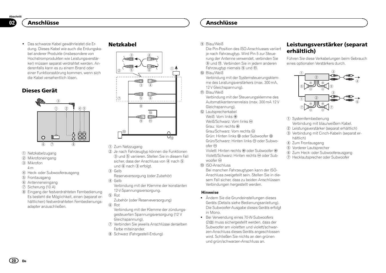 Dieses gerät, Netzkabel, Leistungsverstärker (separat erhältlich) | Anschlüsse | Pioneer FH-X700BT User Manual | Page 20 / 32