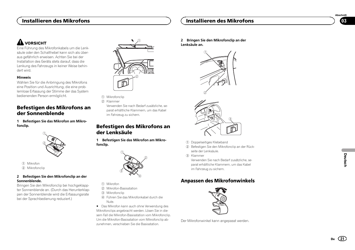 Befestigen des mikrofons an der sonnenblende, Befestigen des mikrofons an der lenksäule, Anpassen des mikrofonwinkels | Installieren des mikrofons | Pioneer FH-X700BT User Manual | Page 21 / 32