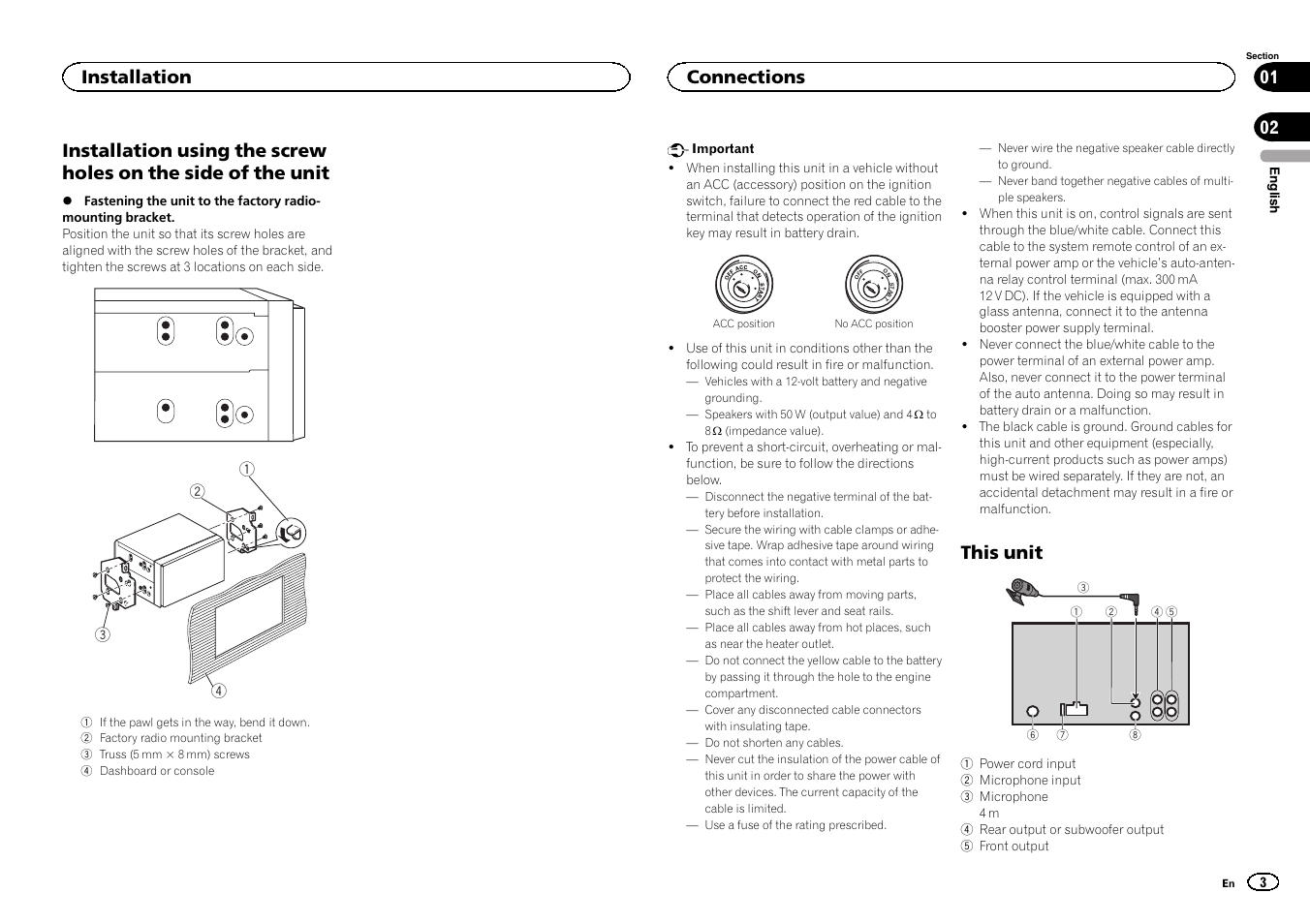 This unit, Installation, Connections | Pioneer FH-X700BT User Manual | Page 3 / 32