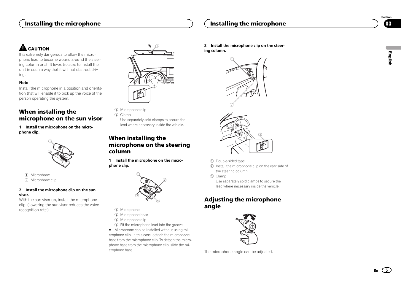 When installing the microphone on the sun visor, Adjusting the microphone angle, Installing the microphone | Pioneer FH-X700BT User Manual | Page 5 / 32