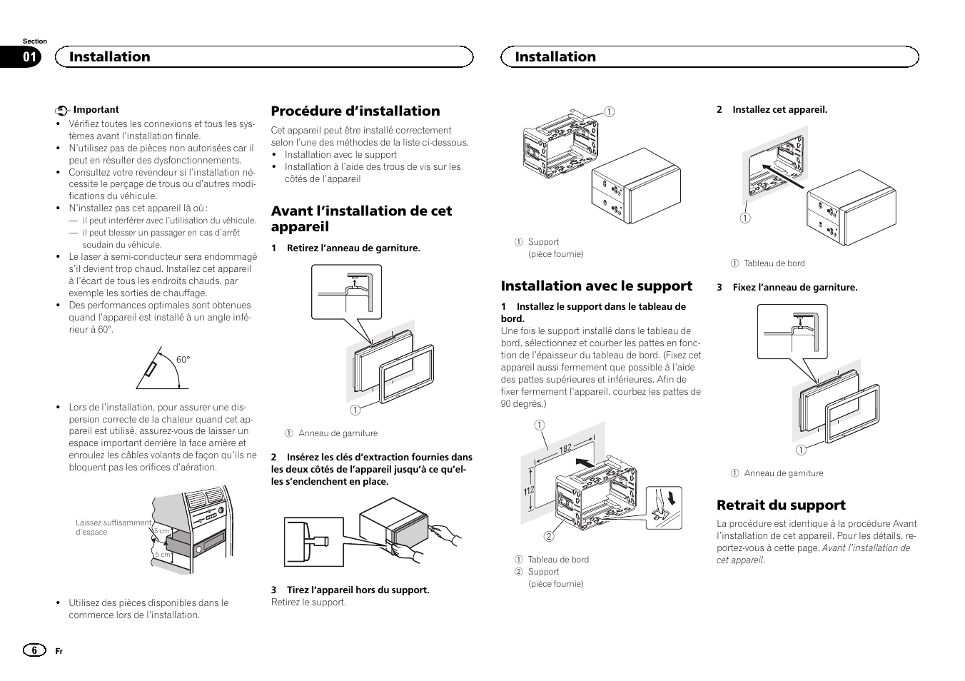 Français, Procédure d ’installation, Avant l ’installation de cet appareil | Installation avec le support, Retrait du support, Installation | Pioneer FH-X700BT User Manual | Page 6 / 32