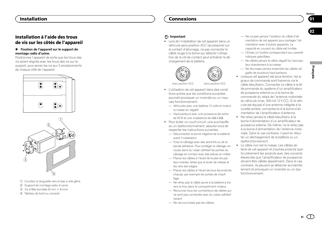 Installation, Connexions | Pioneer FH-X700BT User Manual | Page 7 / 32