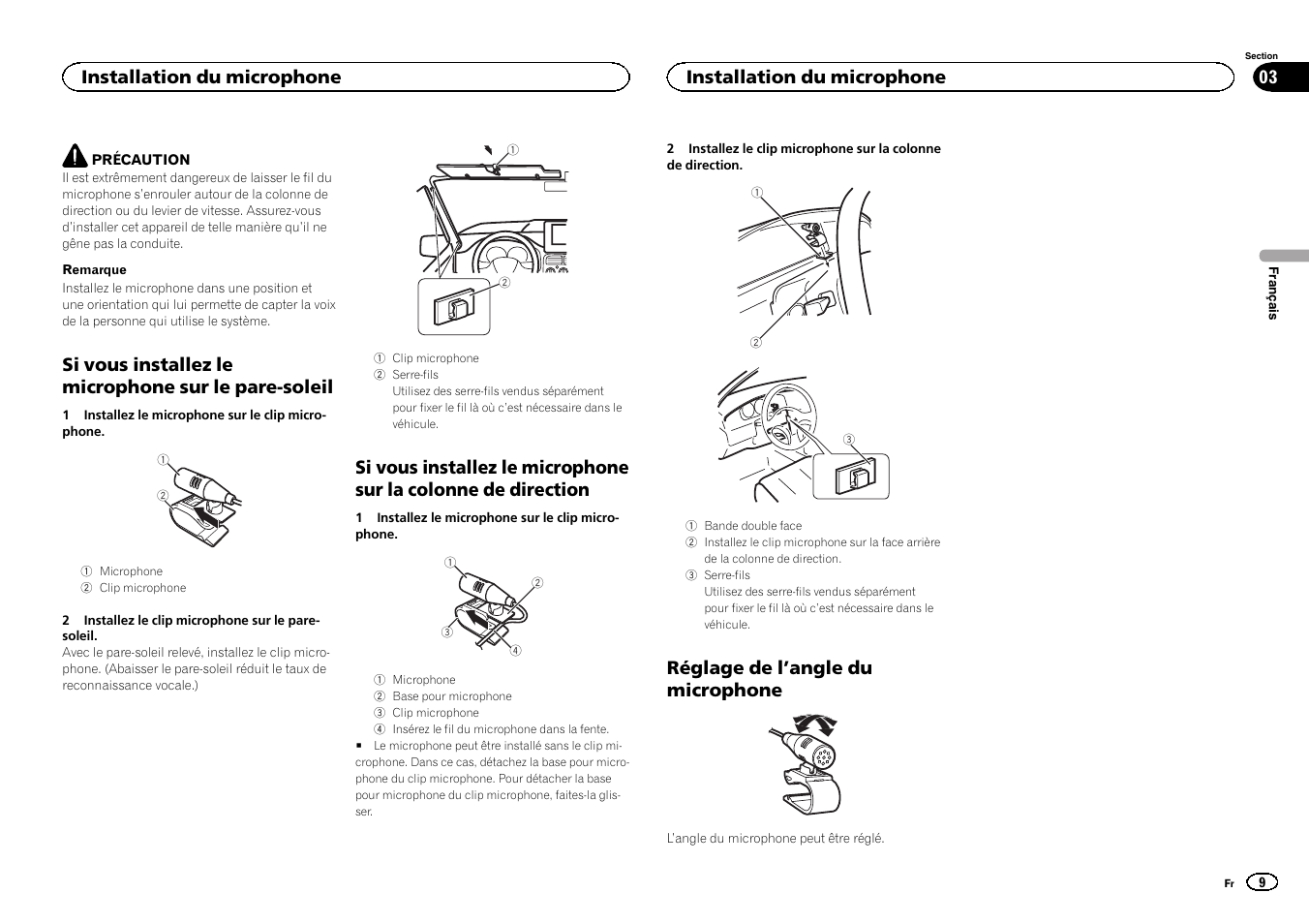 Si vous installez le microphone sur le pare-soleil, Réglage de l ’angle du microphone, Installation du microphone | Pioneer FH-X700BT User Manual | Page 9 / 32